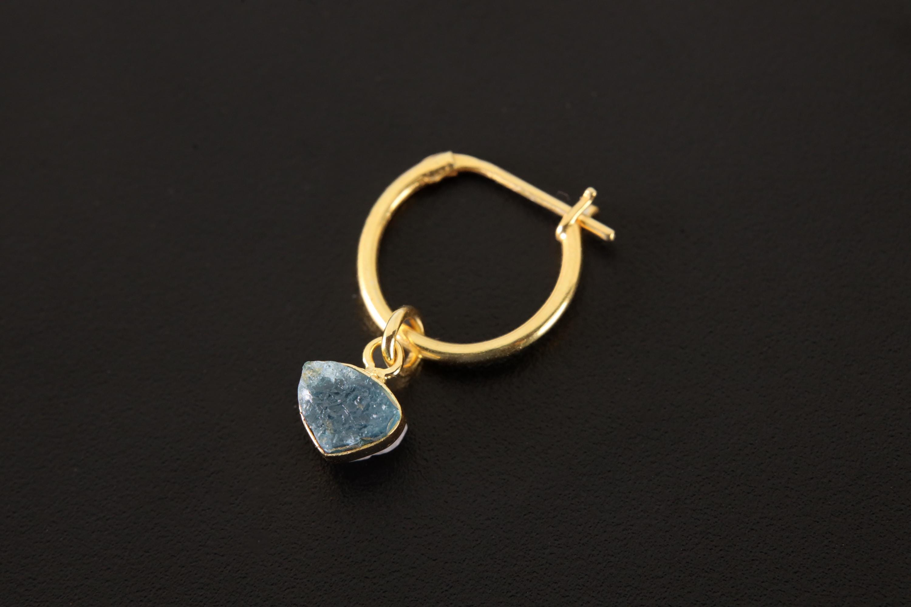 Single Small Slice Raw Blue Gem Tourmaline Dangle Hoop Earring, Gold Plated Sterling Silver, Healing Energy, Throat Chakra Jewelry