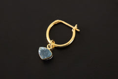 Single Small Slice Raw Blue Gem Tourmaline Dangle Hoop Earring, Gold Plated Sterling Silver, Healing Energy, Throat Chakra Jewelry