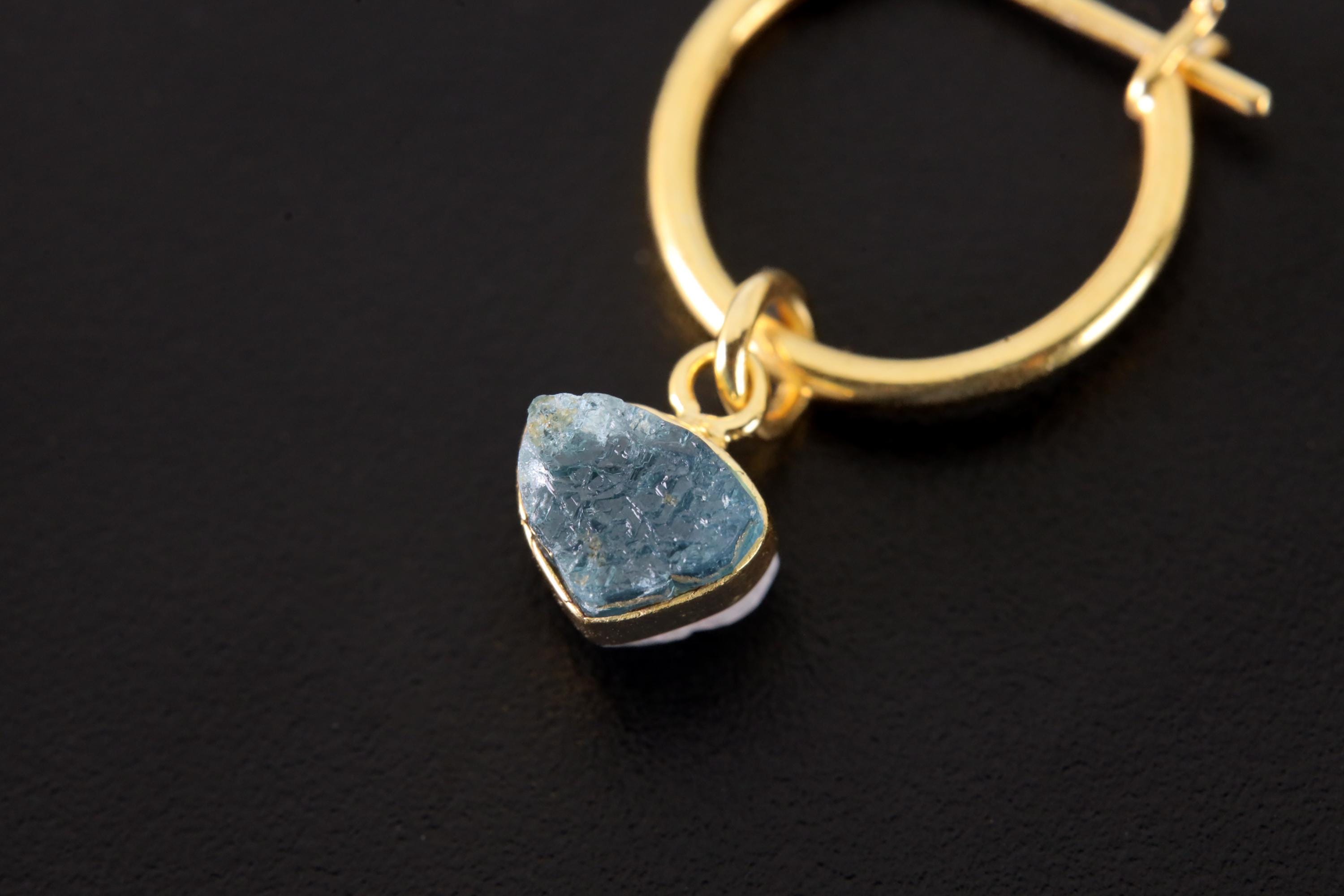 Single Small Slice Raw Blue Gem Tourmaline Dangle Hoop Earring, Gold Plated Sterling Silver, Healing Energy, Throat Chakra Jewelry