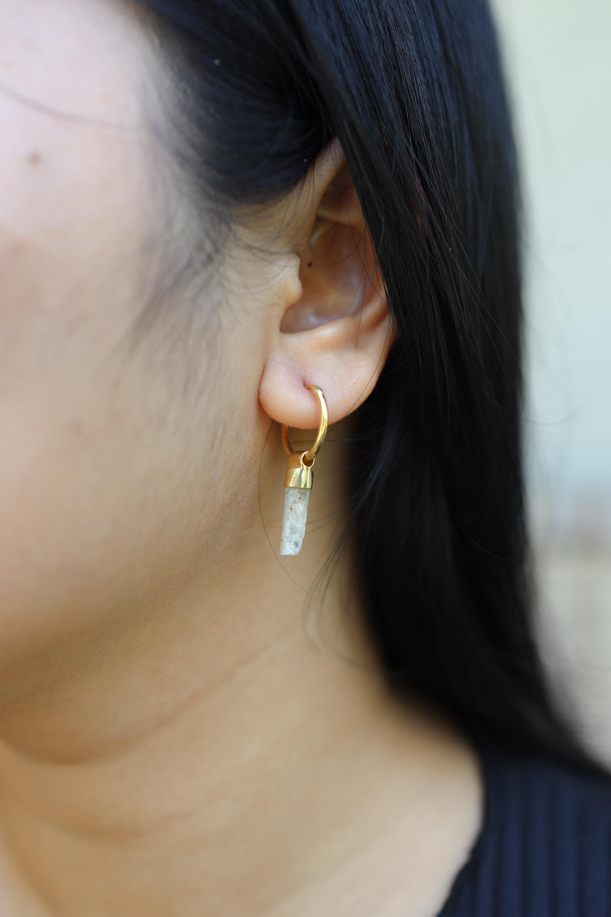 Single Aquamarine Dangle Hoop Earring, Gold Plated Sterling Silver, Throat Chakra, Emotional Balance, Unique Gift