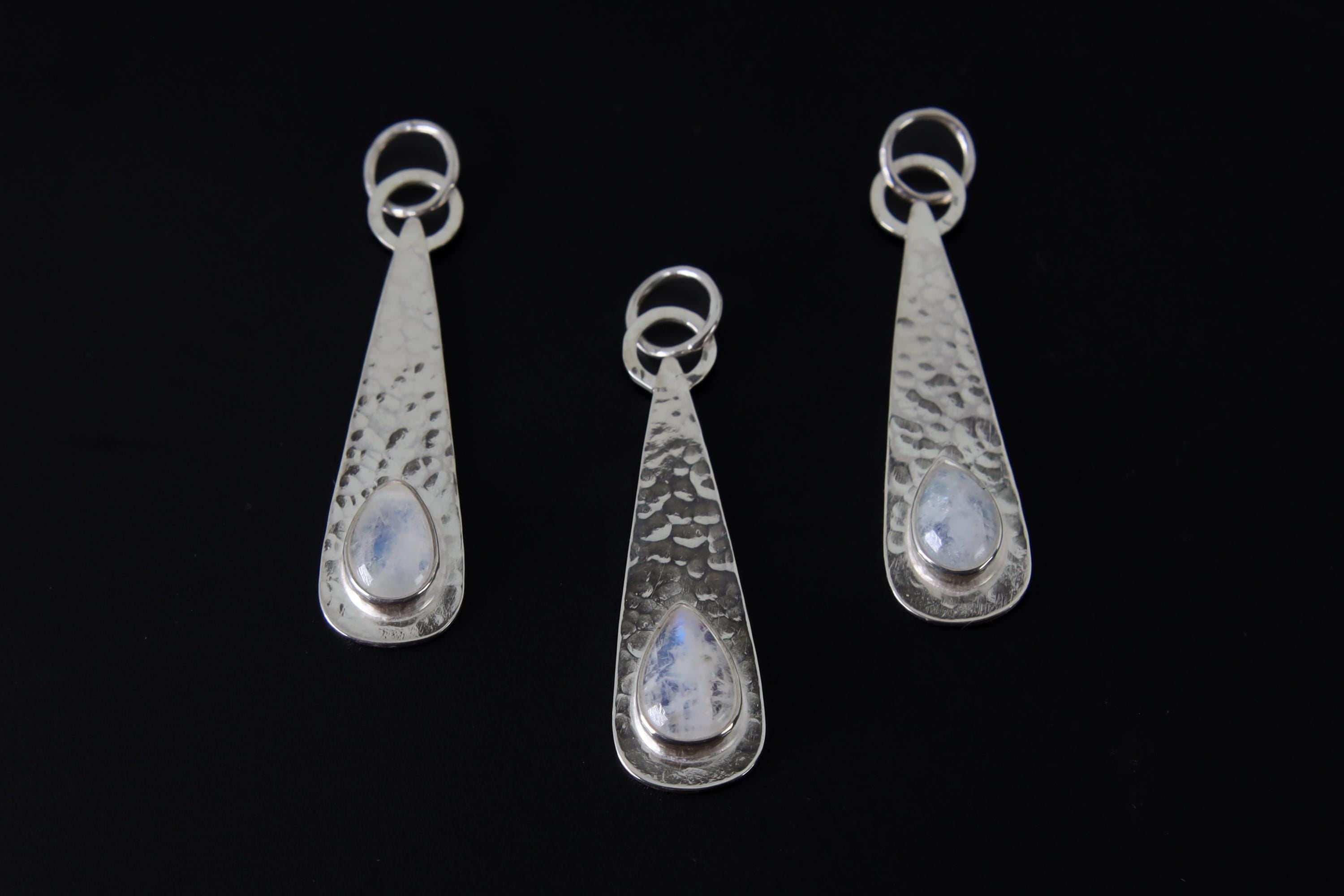 Blue Moonstone Teardrop Pendant, Sterling Silver, Shiny & Hammer Finish, Third Eye Chakra, Cancer Zodiac, Emotional Healing, Unique Gift