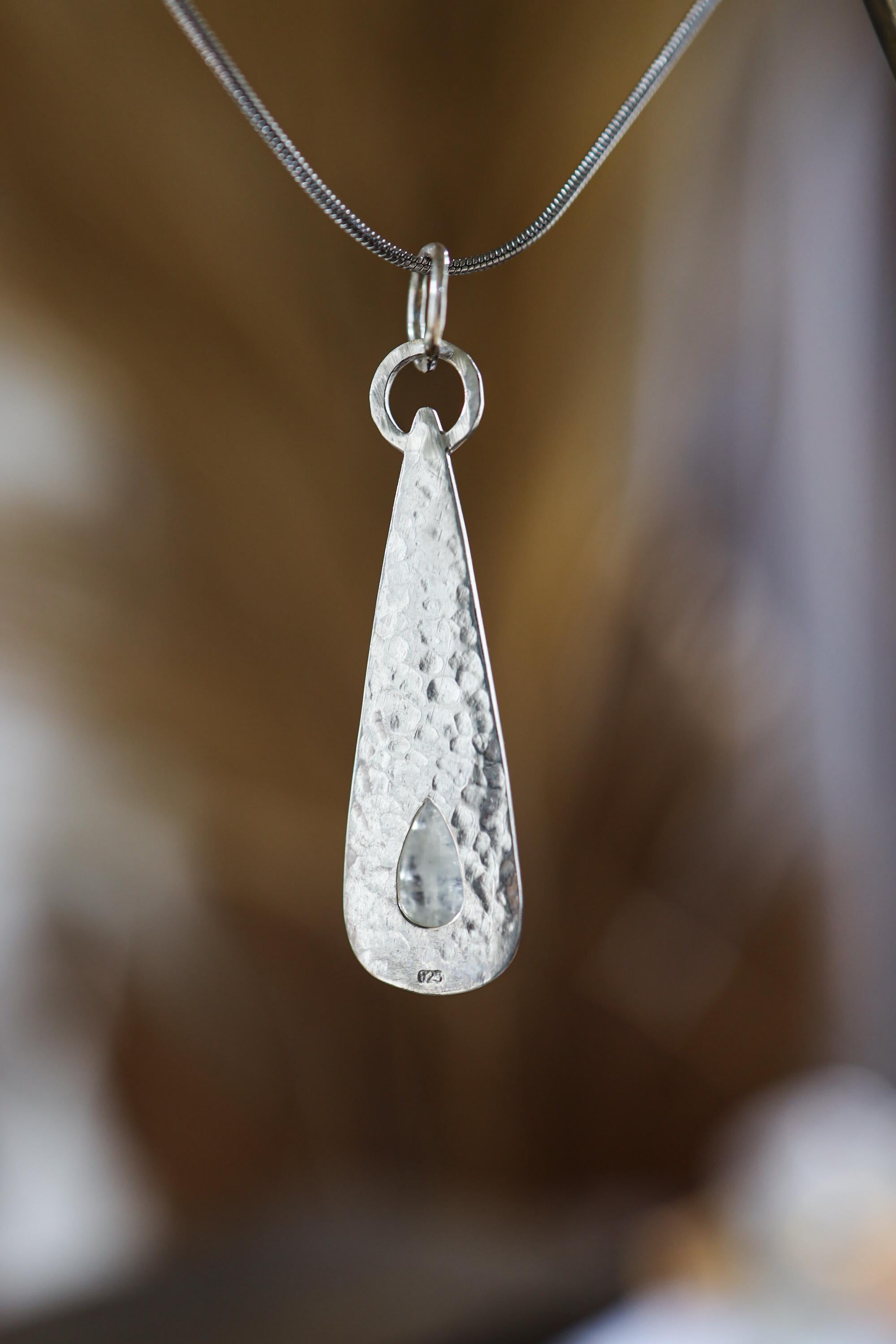 Blue Moonstone Teardrop Pendant, Sterling Silver, Shiny & Hammer Finish, Third Eye Chakra, Cancer Zodiac, Emotional Healing, Unique Gift