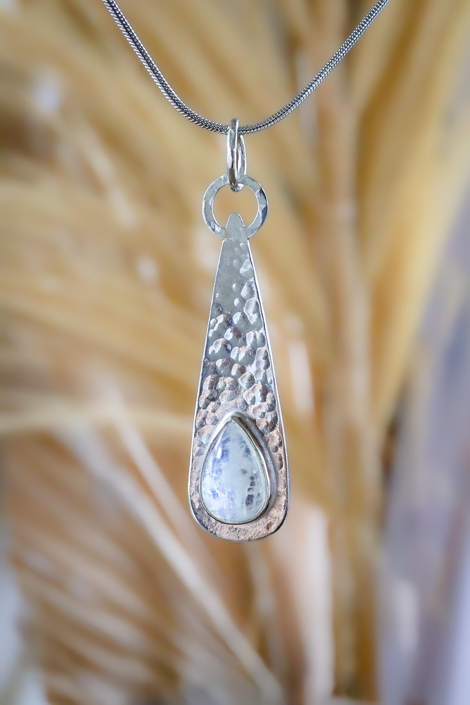 Blue Moonstone Teardrop Pendant, Sterling Silver, Shiny & Hammer Finish, Third Eye Chakra, Cancer Zodiac, Emotional Healing, Unique Gift