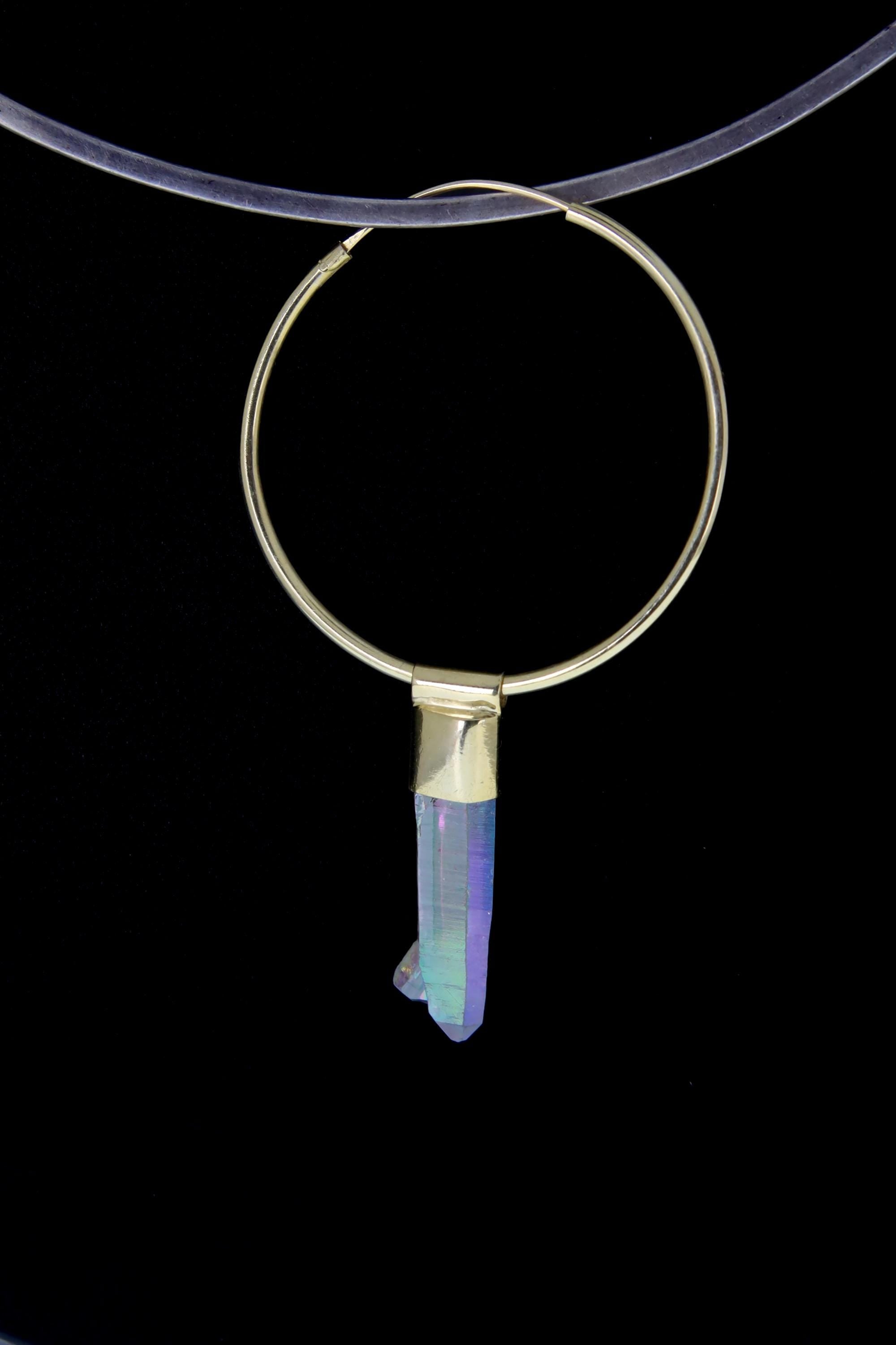 Single Opal/Angel Aura Quartz Dangle Hoop Earring, Gold Plated Sterling Silver, Clarity and Focus, Chakra Jewelry, Unique Gift