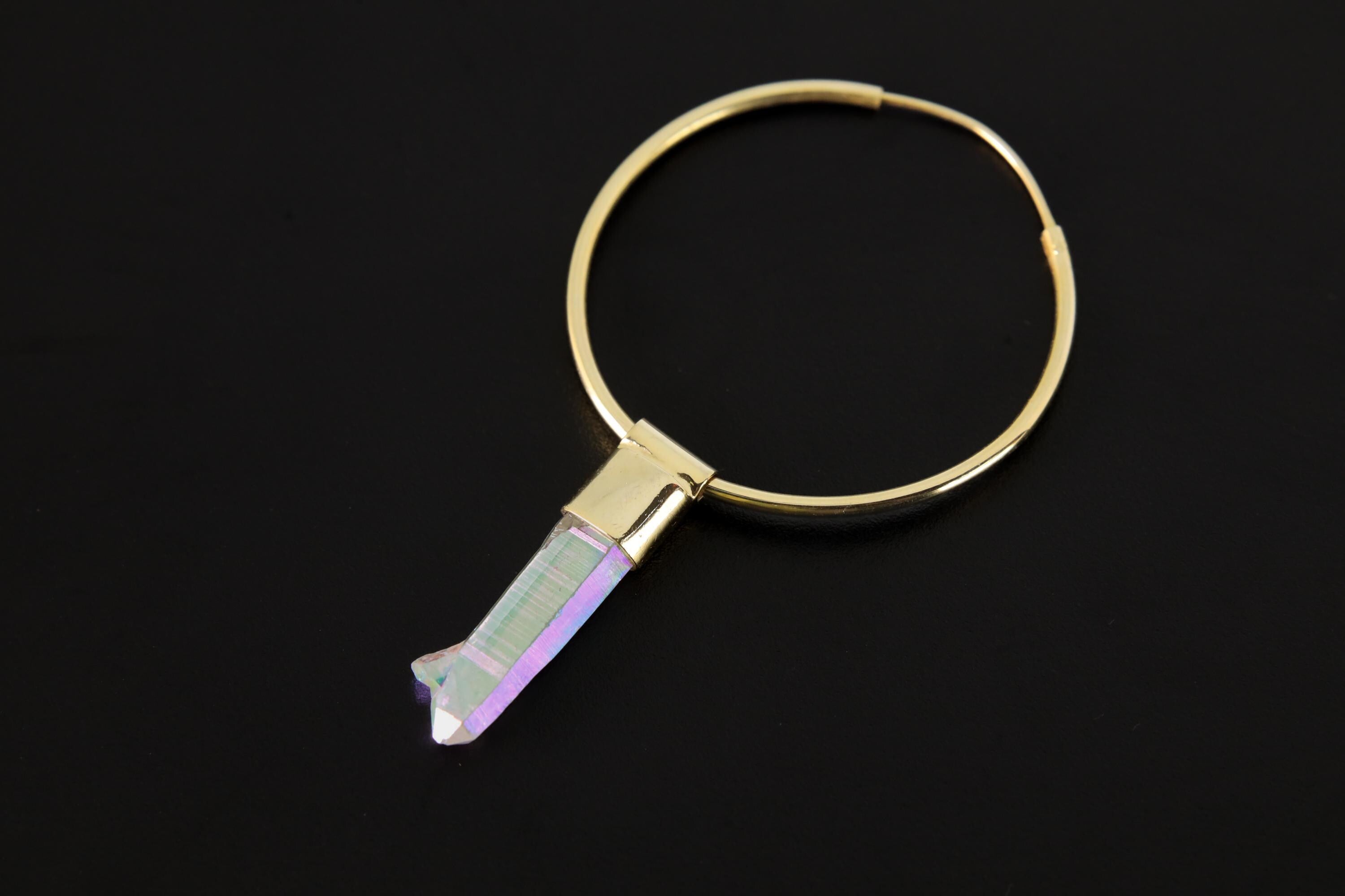 Single Opal/Angel Aura Quartz Dangle Hoop Earring, Gold Plated Sterling Silver, Clarity and Focus, Chakra Jewelry, Unique Gift