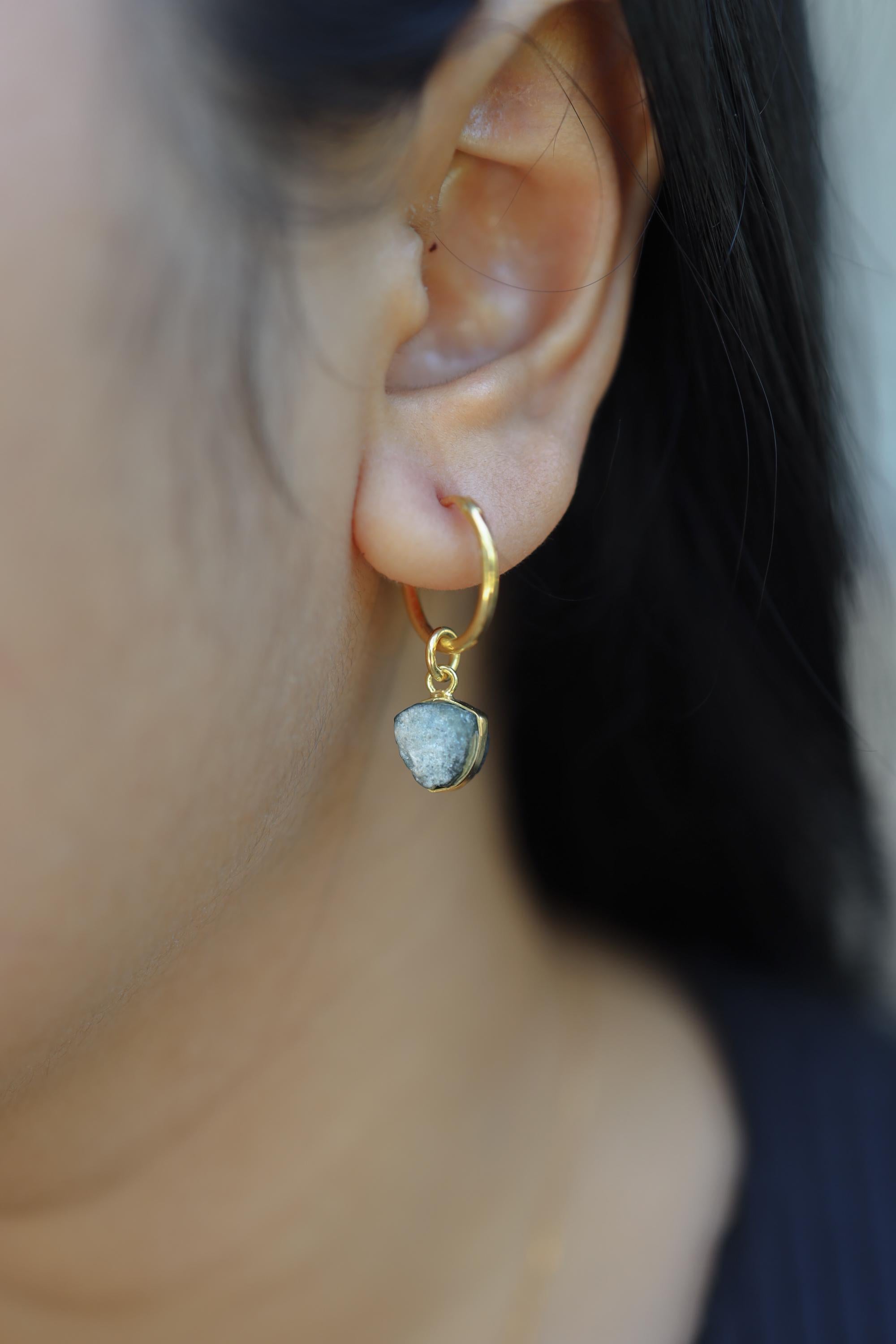 Single Piece Small Slice Raw Blue Gem Tourmaline, Gold Plated Sterling Silver, Dangle Hoop Crystal Earring - Healing, Chakra, Unique Gift