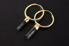 Raw Black Tourmaline Wands, Gold Plated Sterling Silver, Large Dangle Hoop Crystal Earring Pair - Healing, Chakra, Unique Gift