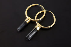 Black Tourmaline convertible hoop earrings in gold-plated 925 sterling silver with raw black crystal wand drops.