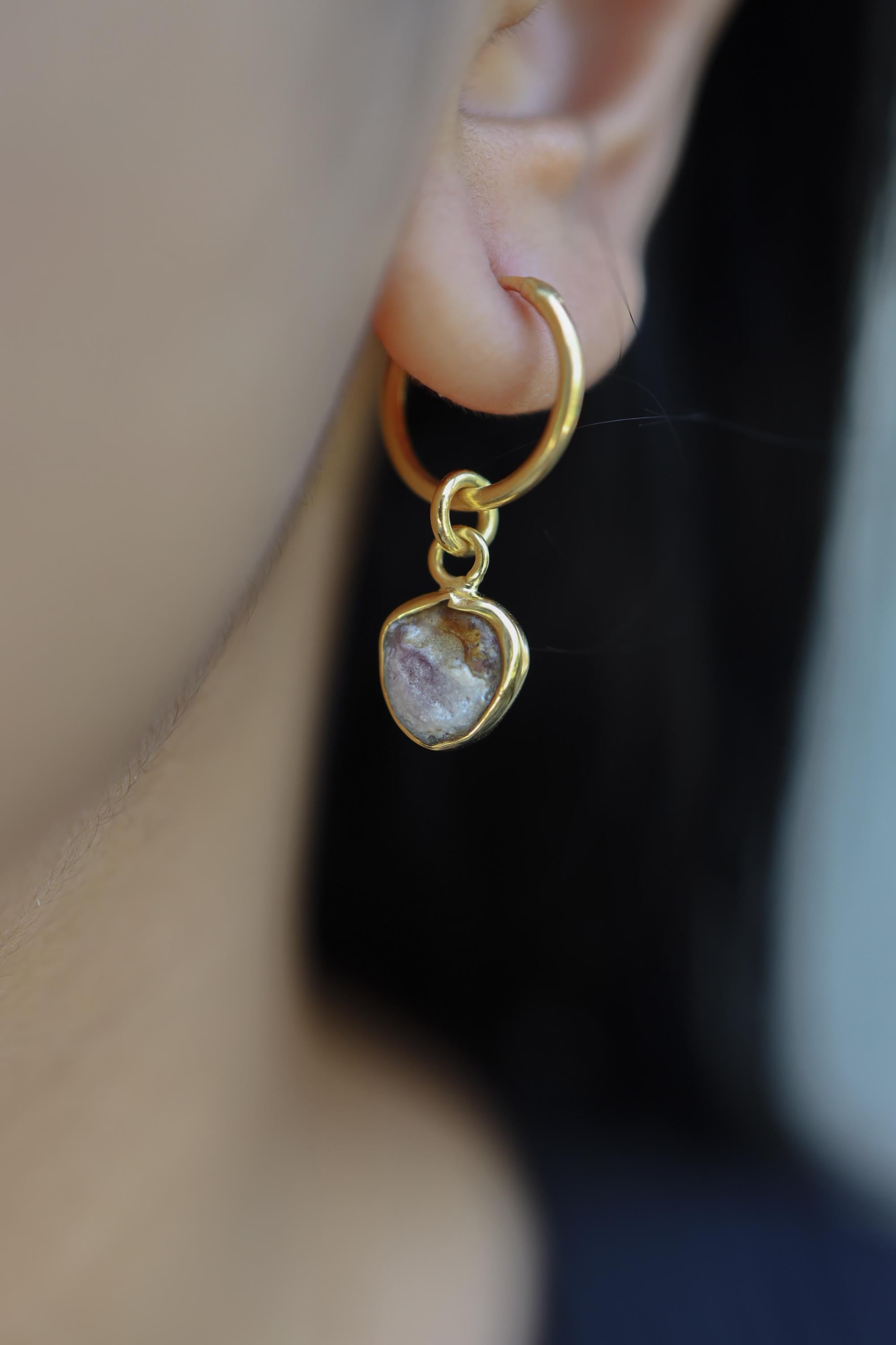 Single One Small Gem Slice of Watermelon Tourmaline, Gold Plated Sterling Silver, Dangle Hoop Crystal Earring - Healing, Chakra, Unique Gift