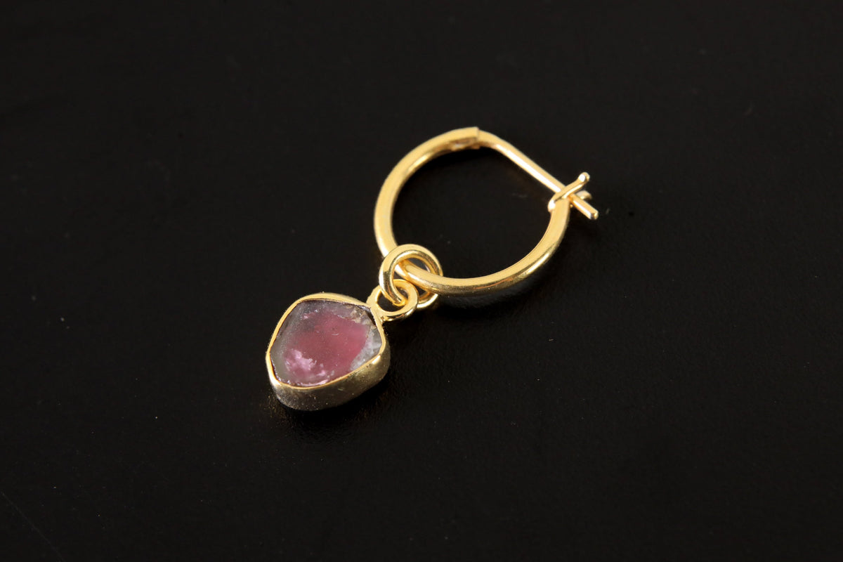 Single One Small Gem Slice of Watermelon Tourmaline, Gold Plated Sterling Silver, Dangle Hoop Crystal Earring - Healing, Chakra, Unique Gift