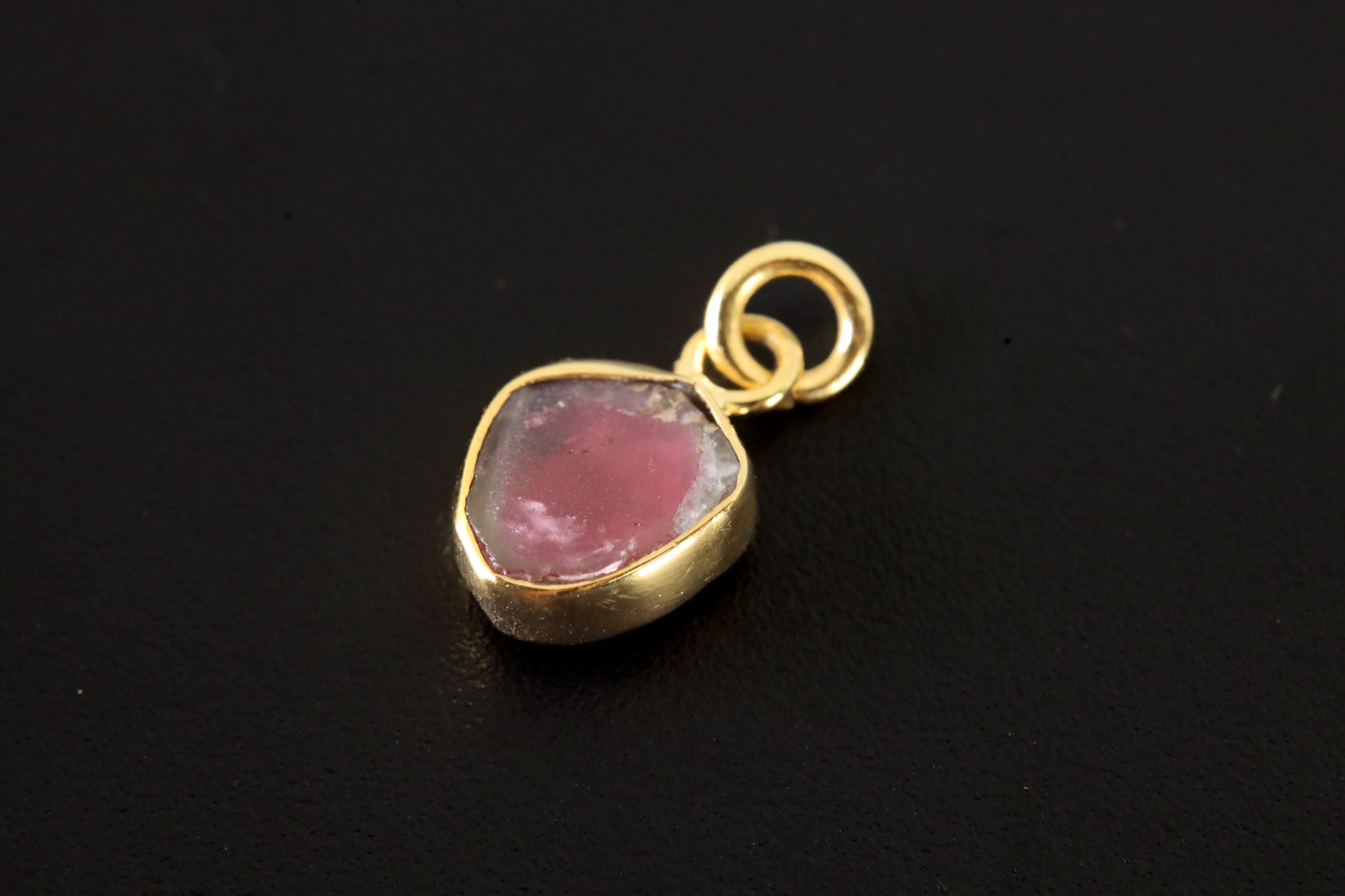 Single One Small Gem Slice of Watermelon Tourmaline, Gold Plated Sterling Silver, Dangle Hoop Crystal Earring - Healing, Chakra, Unique Gift