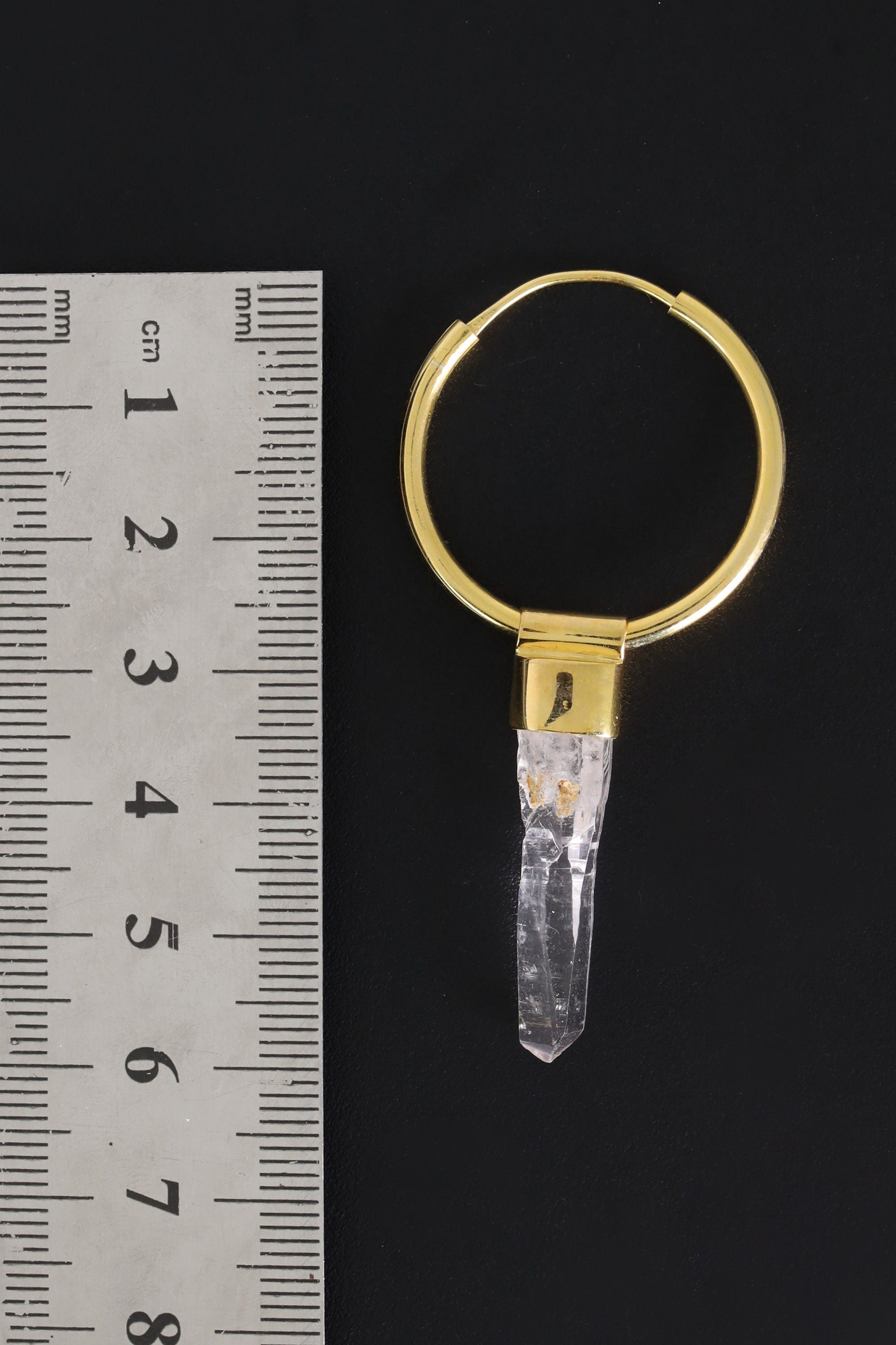 Single Piece Lemurian Laser Vera Cruz Amethyst Point Dangle Hoop Earring, Gold Plated Sterling Silver, Third Eye Chakra, Unique Gift