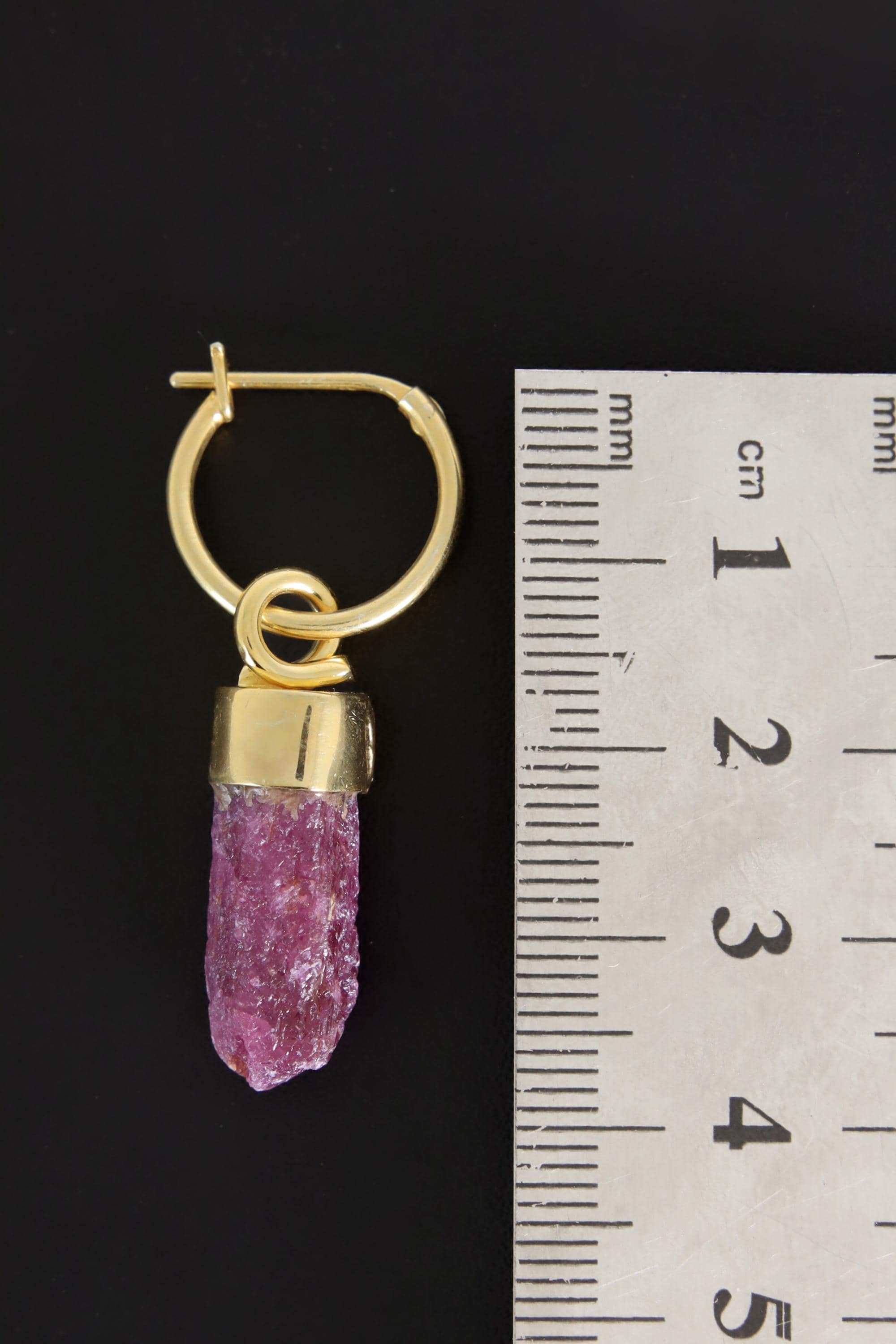 Ruby Dangle Hoop Earring: Gold Plated Sterling Silver, Root Chakra