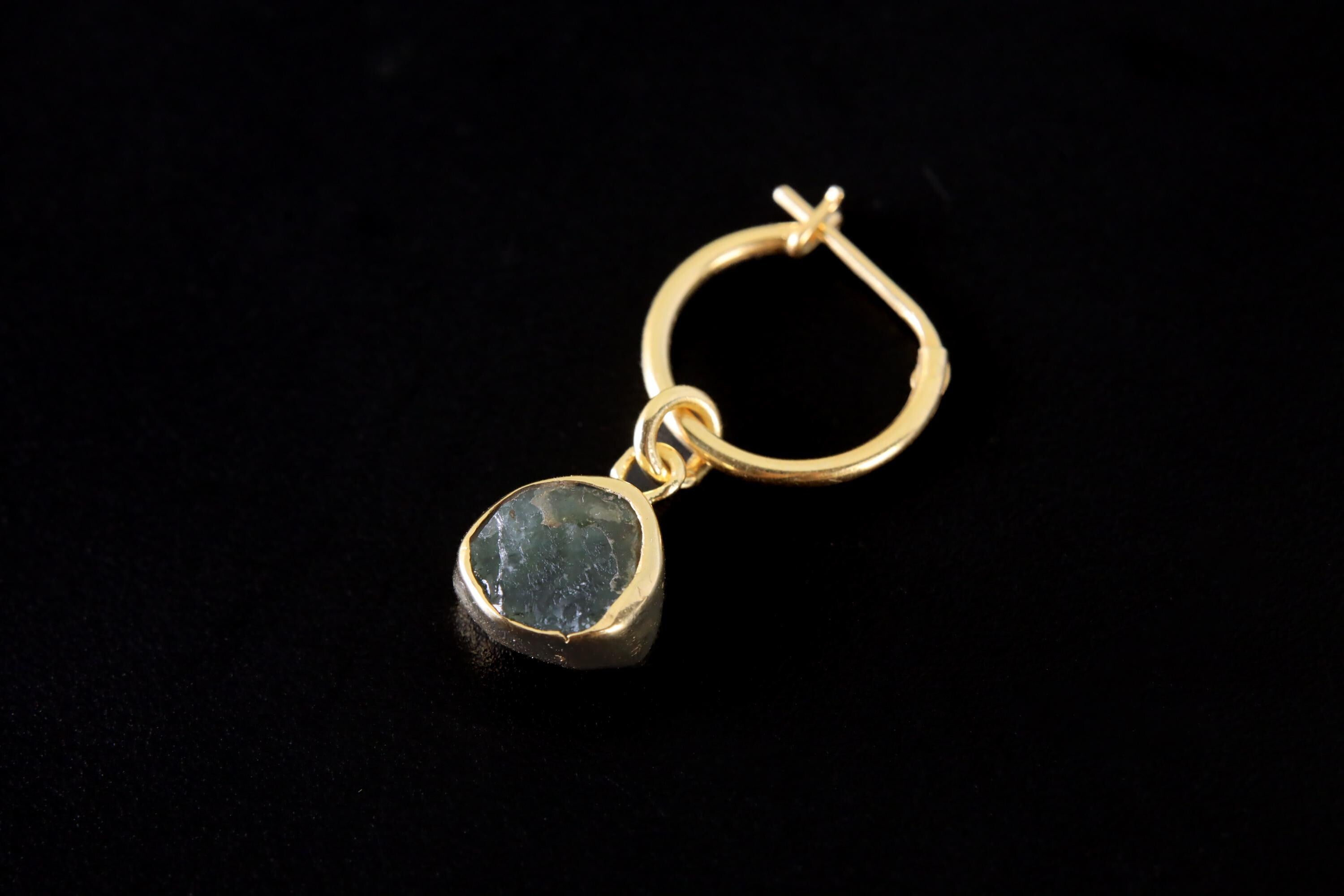 Single Small Slice Green Tourmaline Dangle Hoop Earring, Gold Plated Sterling Silver, Emotional Healing, Heart Chakra Jewelry