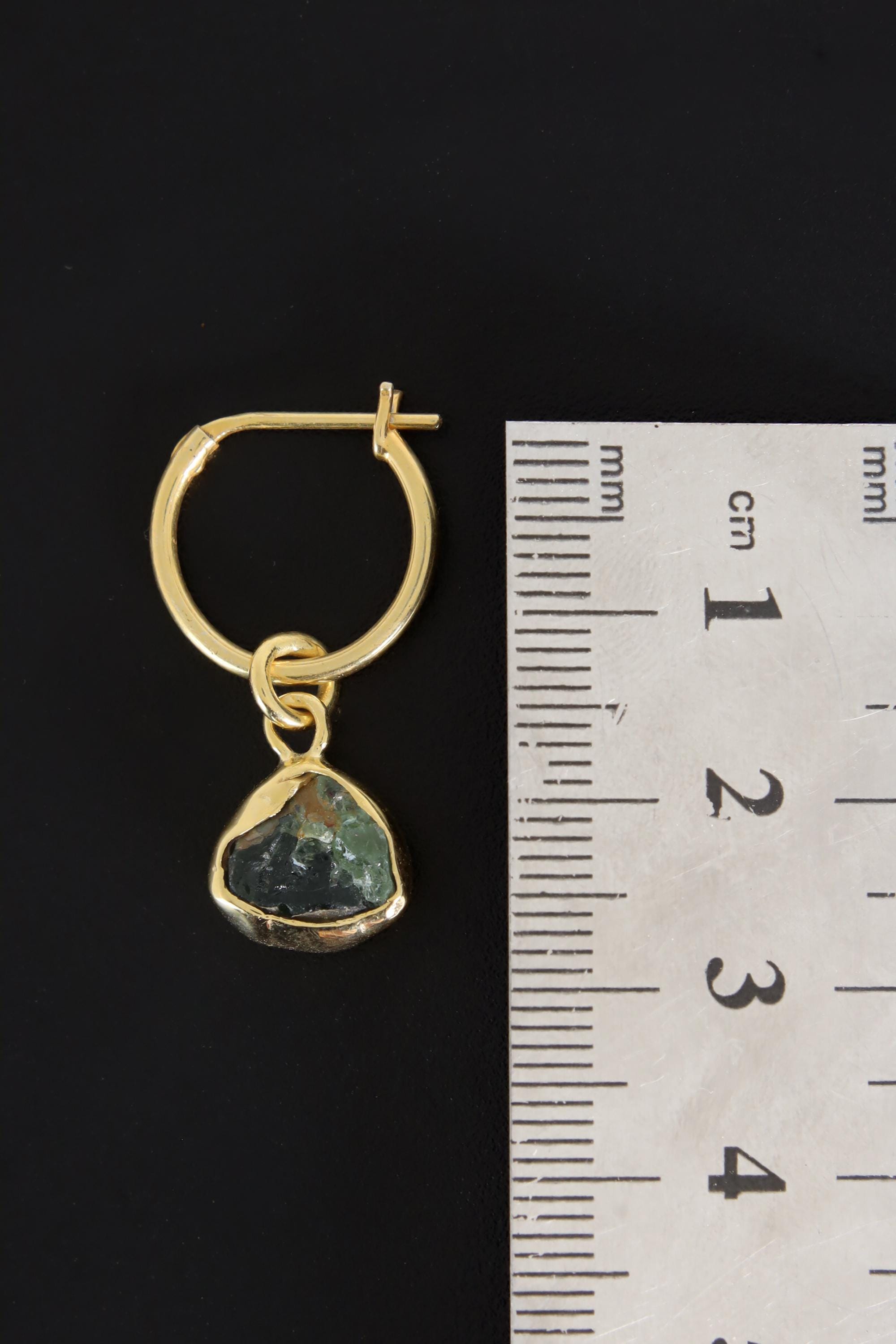Single Small Slice Green Tourmaline Dangle Hoop Earring, Gold Plated Sterling Silver, Emotional Healing, Heart Chakra Jewelry