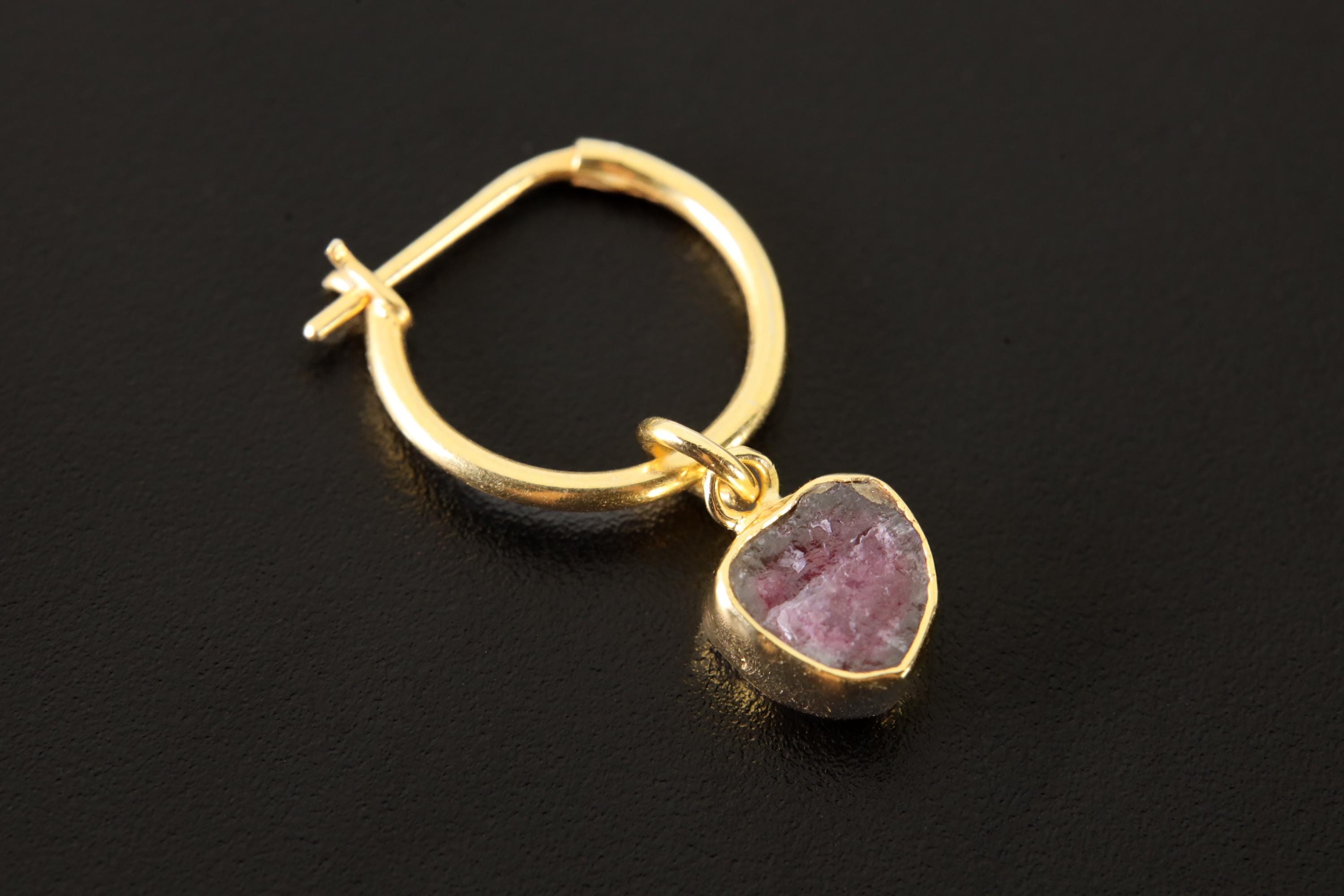 Watermelon Tourmaline Single Hoop Earring Pendant Gold Plated 925 Silver Heart Chakra Virgo Gift