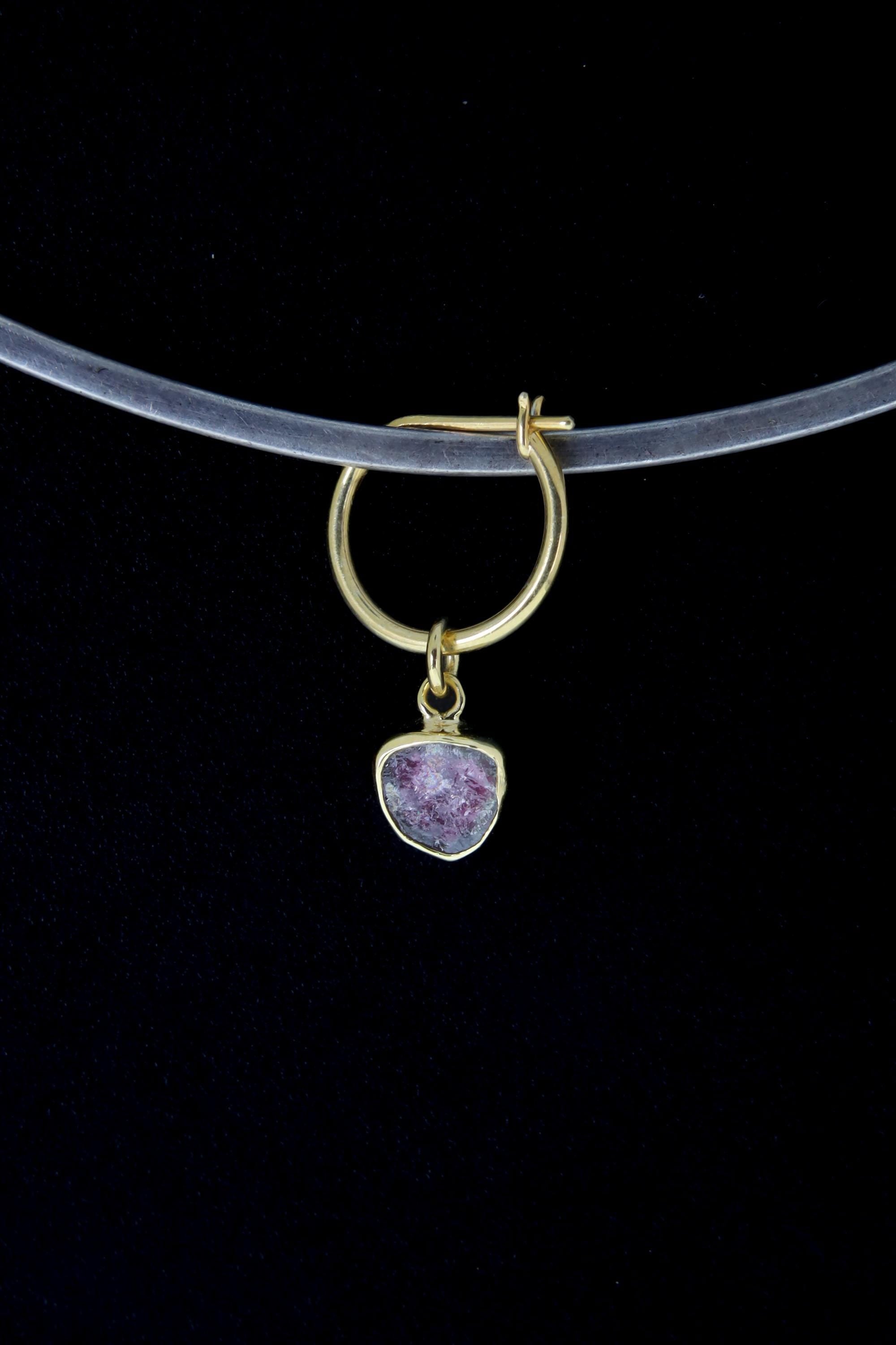 Watermelon Tourmaline Dangle Hoop Earring: Gold Plated Sterling Silver Pendant