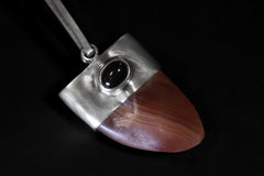 Tooth-shaped gemmy Hand-Polished Rhodochrosite Pendant with Fancy Oval Dark Star Sapphire Cabochon, Heart & Third Eye Chakra, Unique Gift