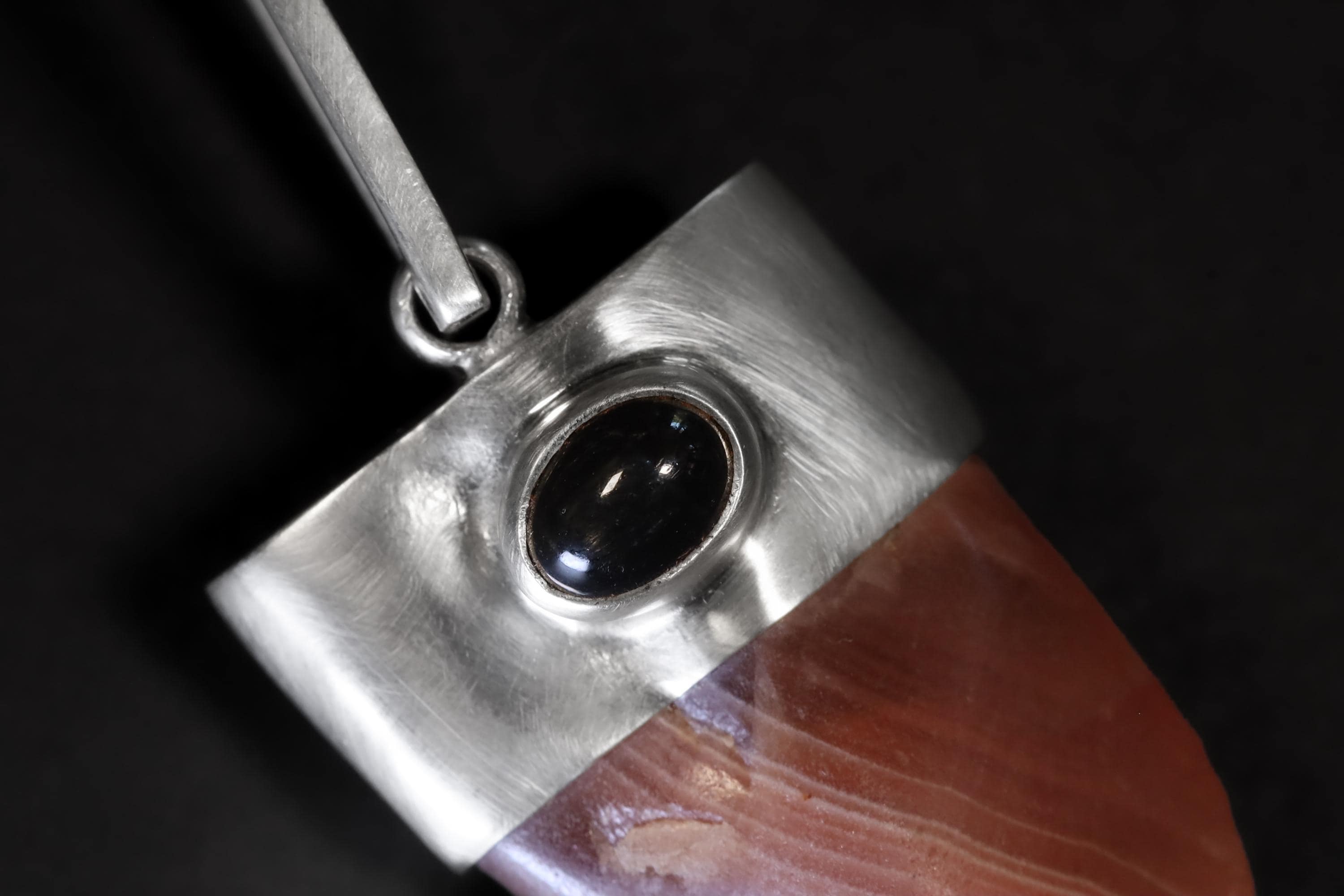 Tooth-shaped gemmy Hand-Polished Rhodochrosite Pendant with Fancy Oval Dark Star Sapphire Cabochon, Heart & Third Eye Chakra, Unique Gift