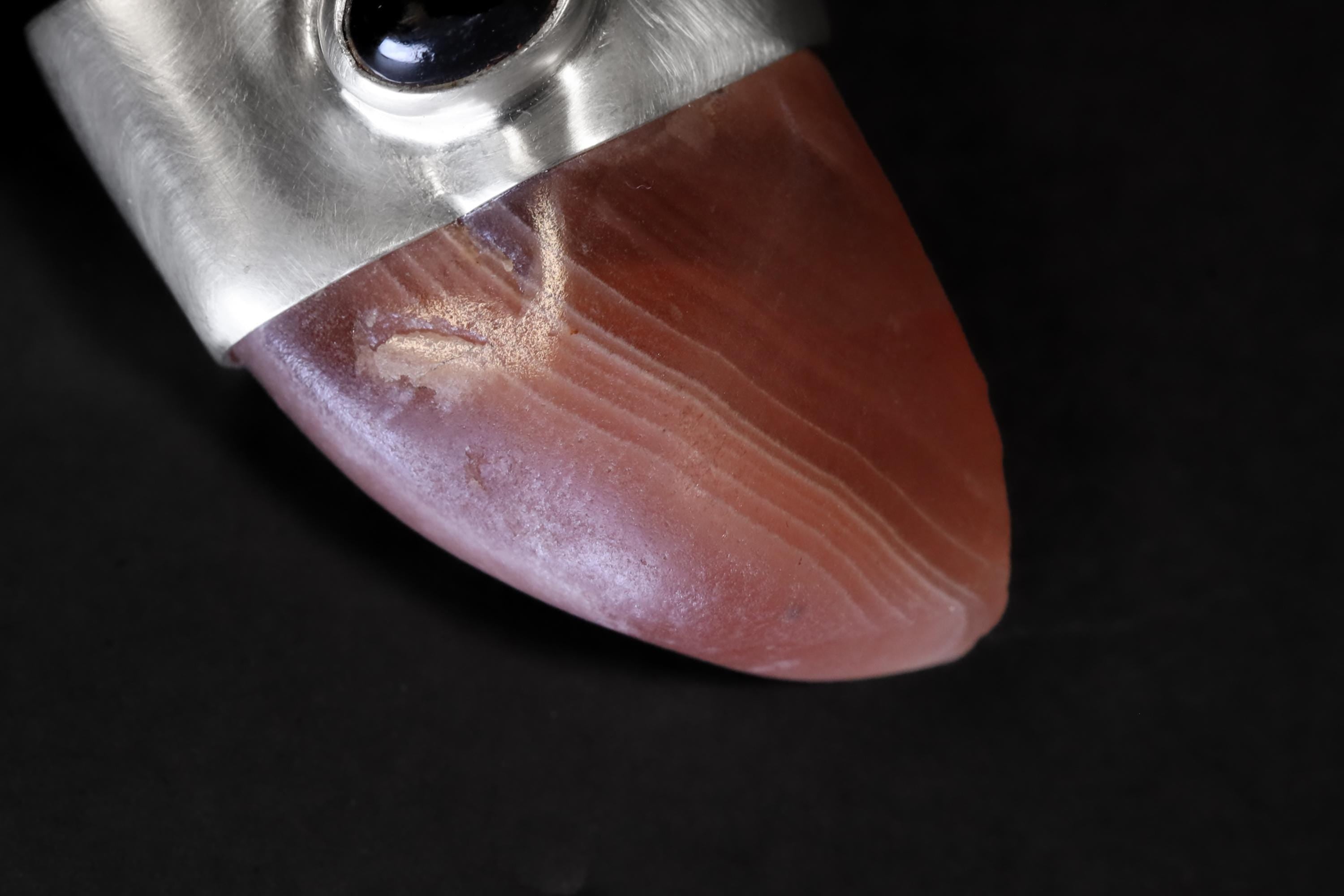 Tooth-shaped gemmy Hand-Polished Rhodochrosite Pendant with Fancy Oval Dark Star Sapphire Cabochon, Heart & Third Eye Chakra, Unique Gift