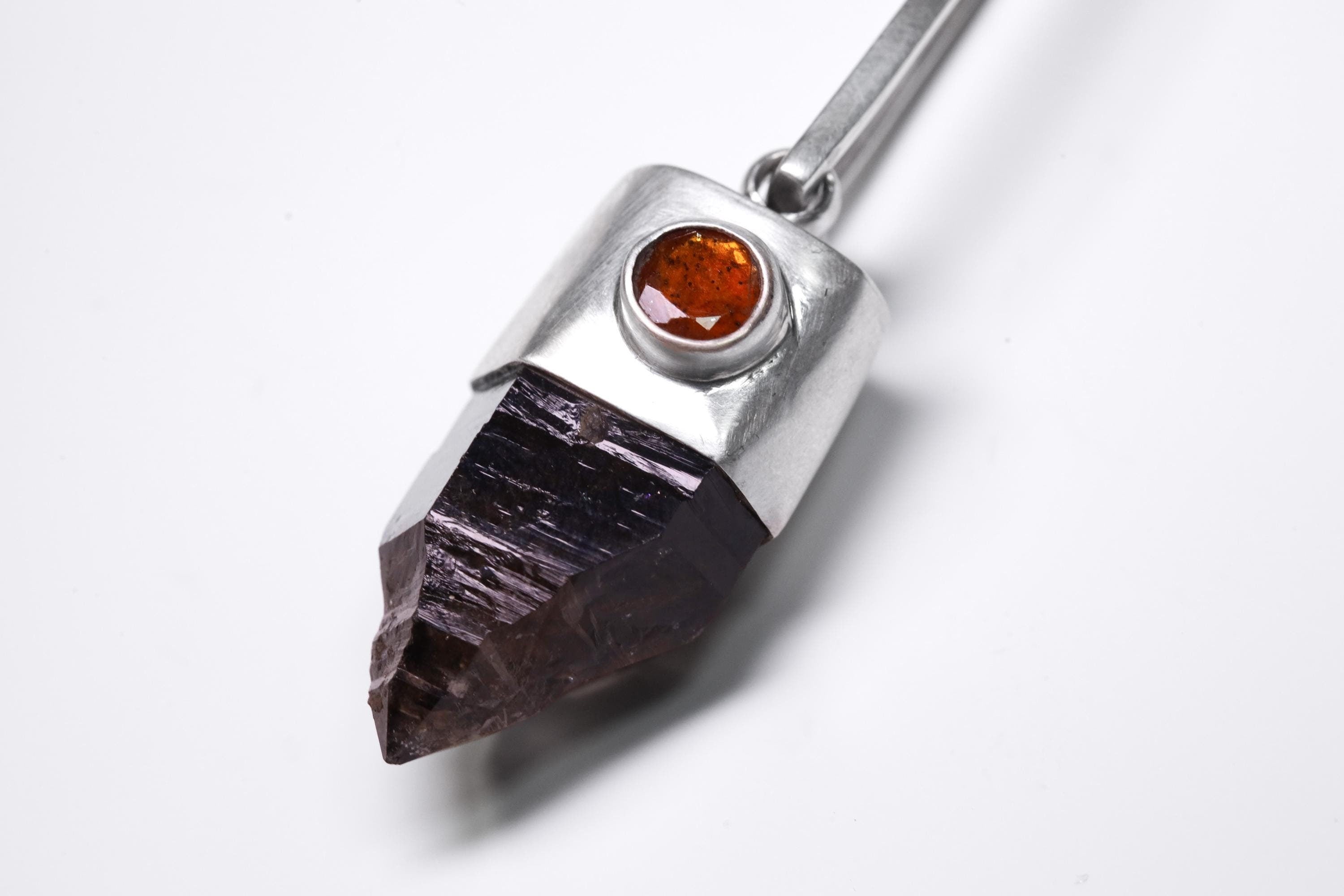Rare Australian Morella Smoky Quartz Point Pendant with Oval Faceted Red Kyanite Gem, Sterling Silver, Root & Heart Chakra, Unique Gift