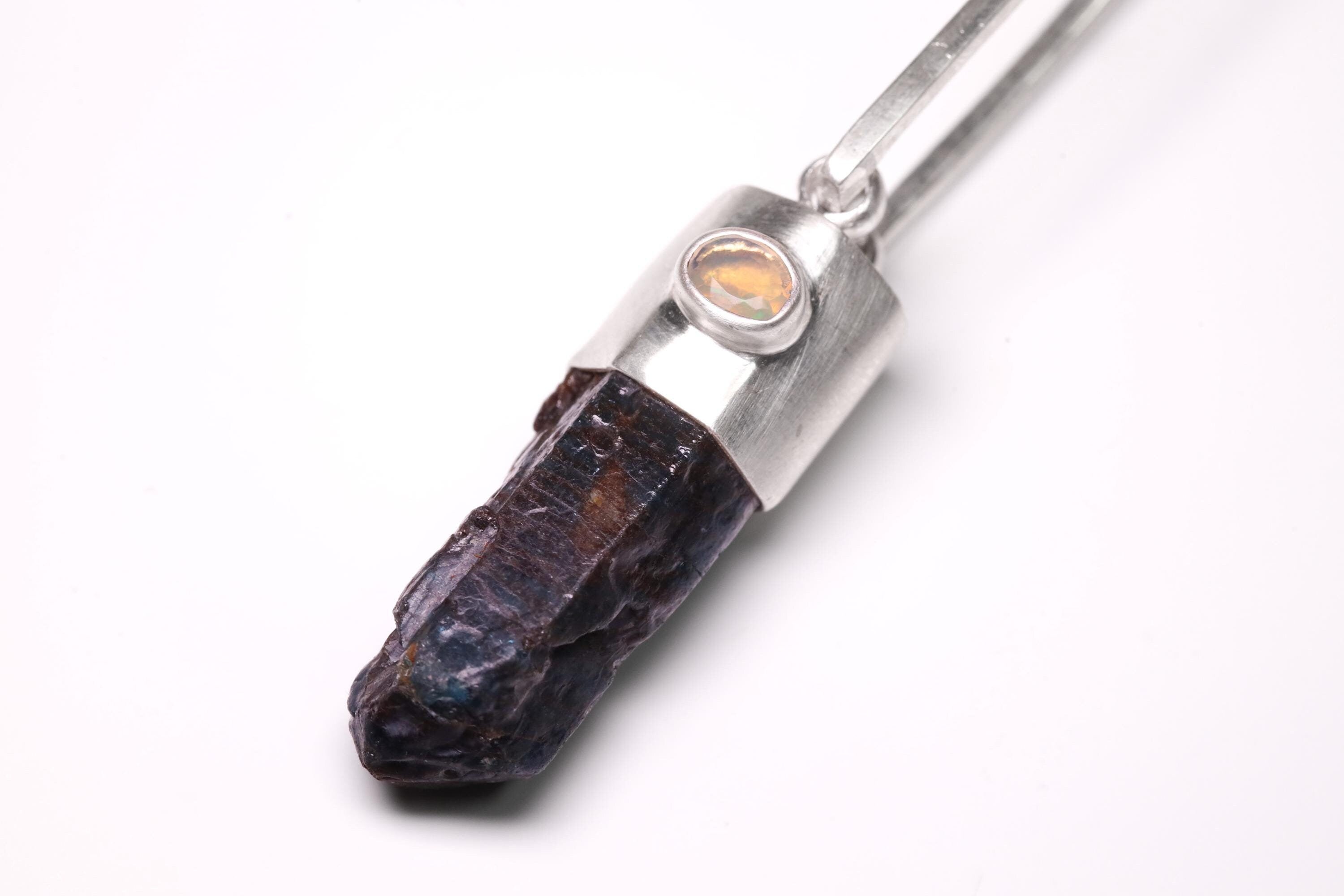 Terminated Blue Apatite Generator Point Pendant with Small Faceted Ethiopian Opal Oval Gem, Sterling Silver, Third Eye Chakra,Unique Gift