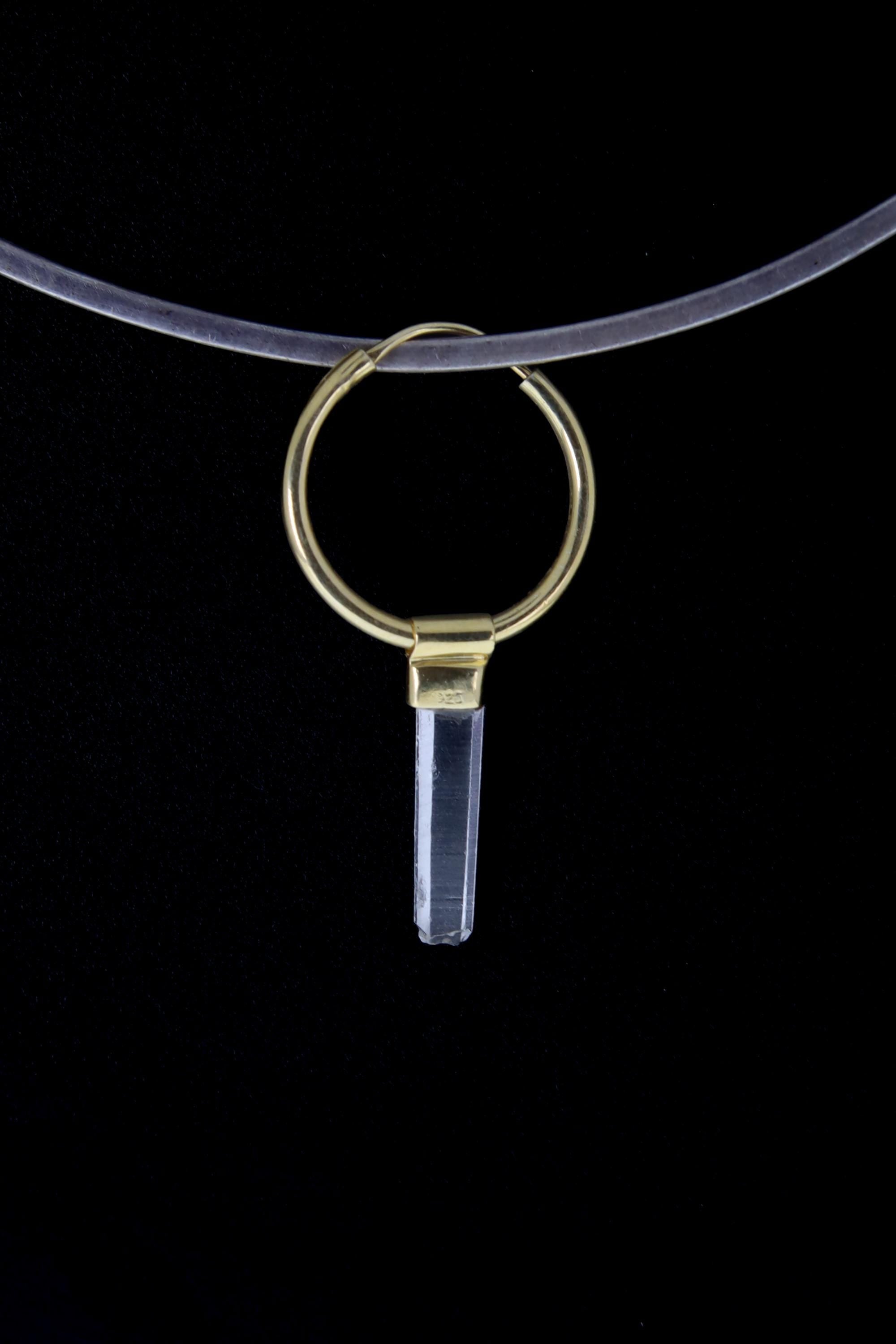 Clear Quartz dangle hoop earring pendant displayed on a choker as a small Crown Chakra charm.
