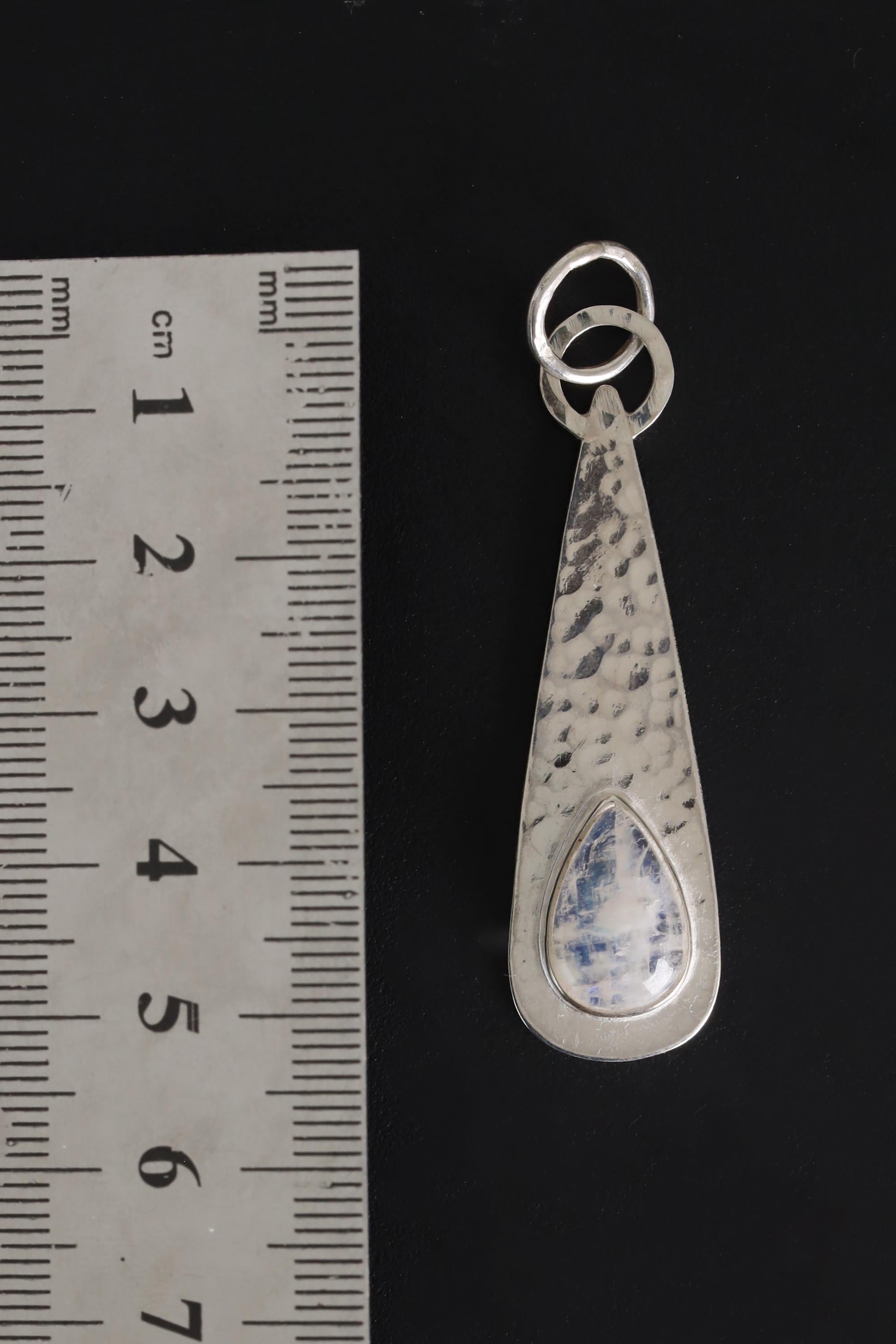 Blue Moonstone Teardrop Pendant, Sterling Silver, Shiny & Hammer Finish, Third Eye Chakra, Cancer Zodiac, Emotional Healing, Unique Gift
