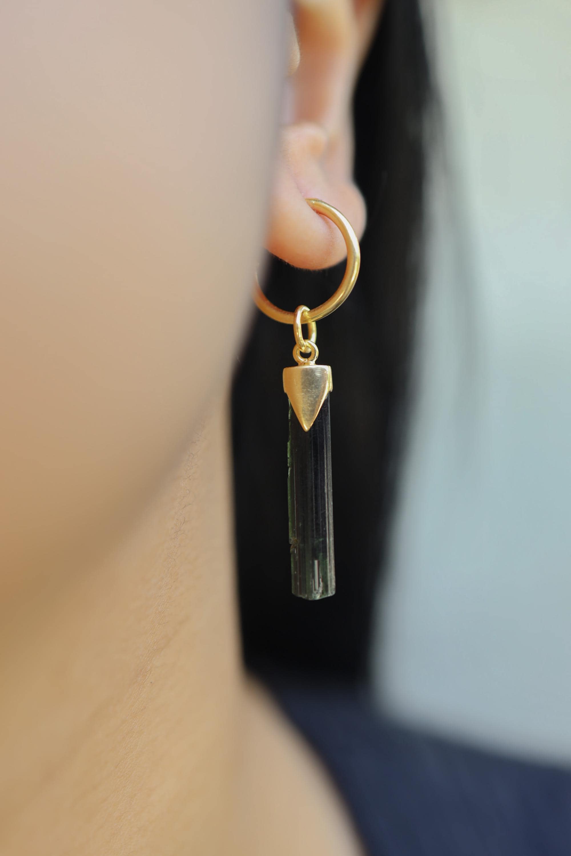 Green Tourmaline Dangle Hoop Earring: Gold Plated Sterling Silver