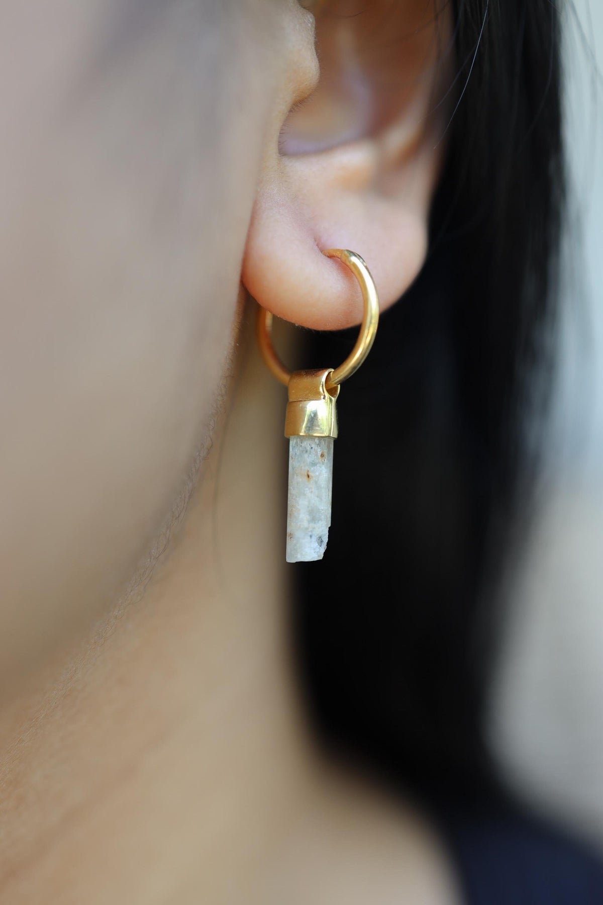 Single Aquamarine Dangle Hoop Earring, Gold Plated Sterling Silver, Throat Chakra, Emotional Balance, Unique Gift