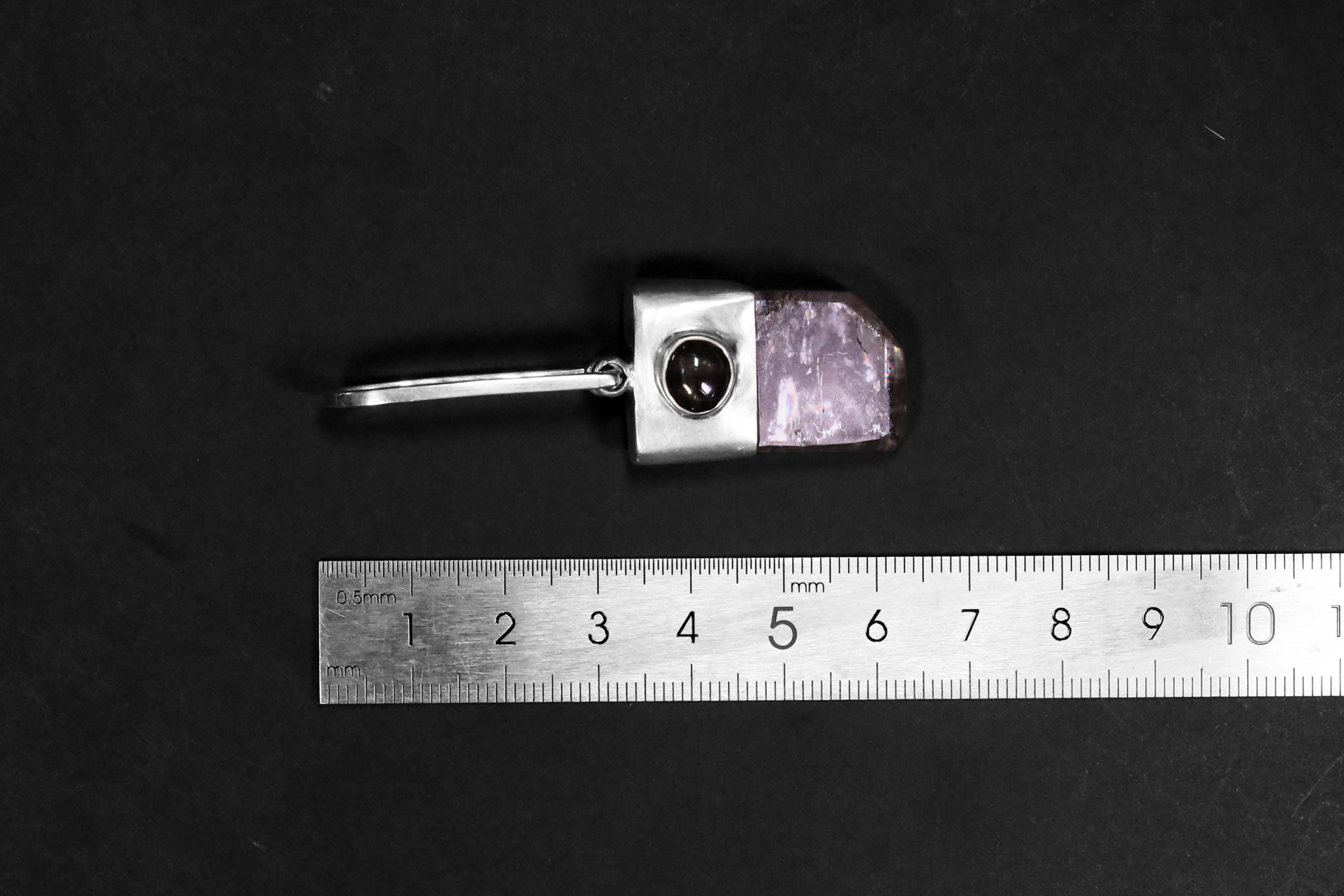 Polished Pink Kunzite Spodumene & Natural Star Dark Sapphire Cabochon, Sterling Silver Pendant, Heart, Third Eye Chakra, Emotional Healing