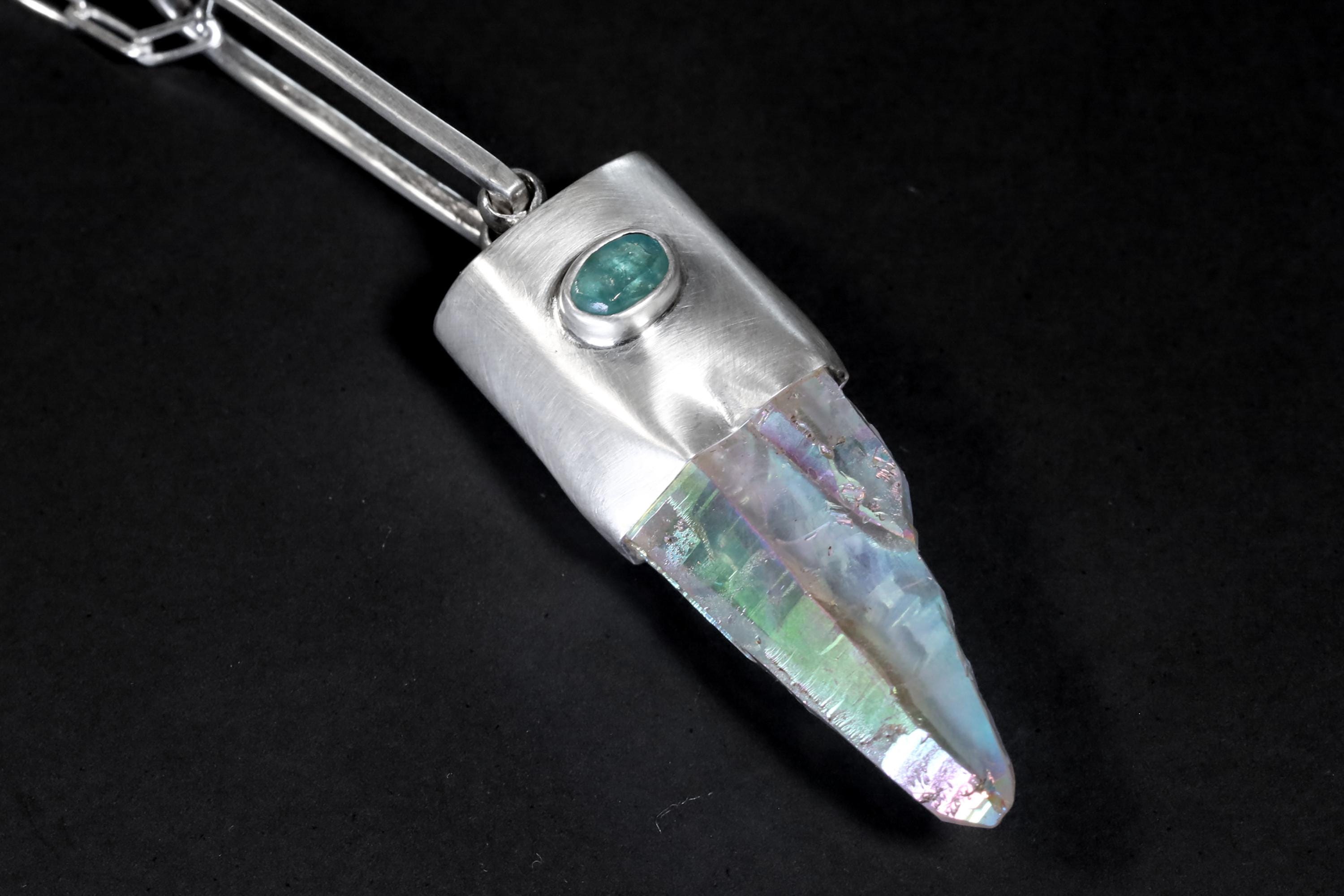 Lemurian Angel Aura Quartz Apatite Pendant 925 Silver Double Terminated Third Eye Throat Chakra Necklace