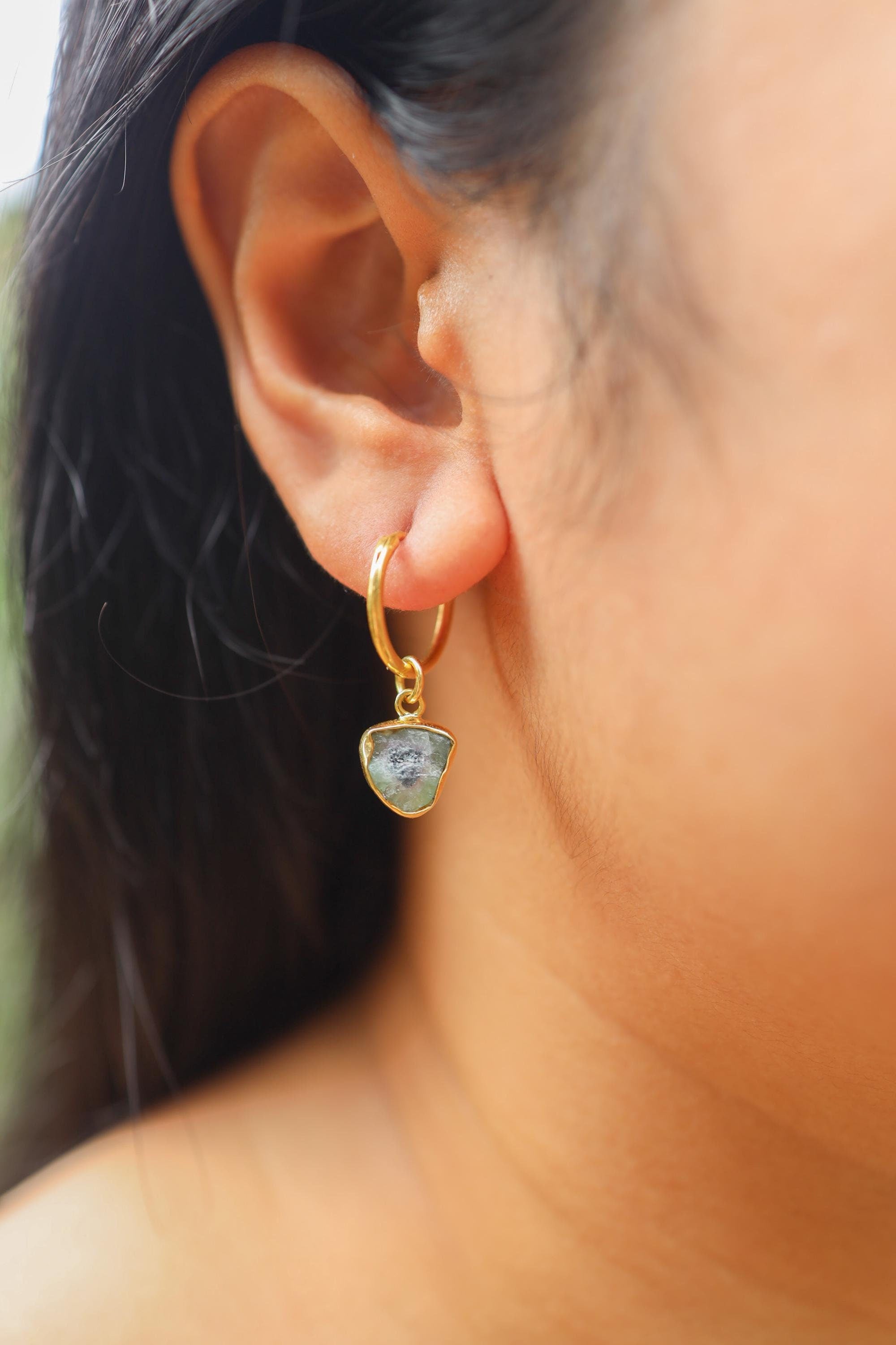 Watermelon Tourmaline Dangle Earring: Gold Plated Sterling Silver Pendant