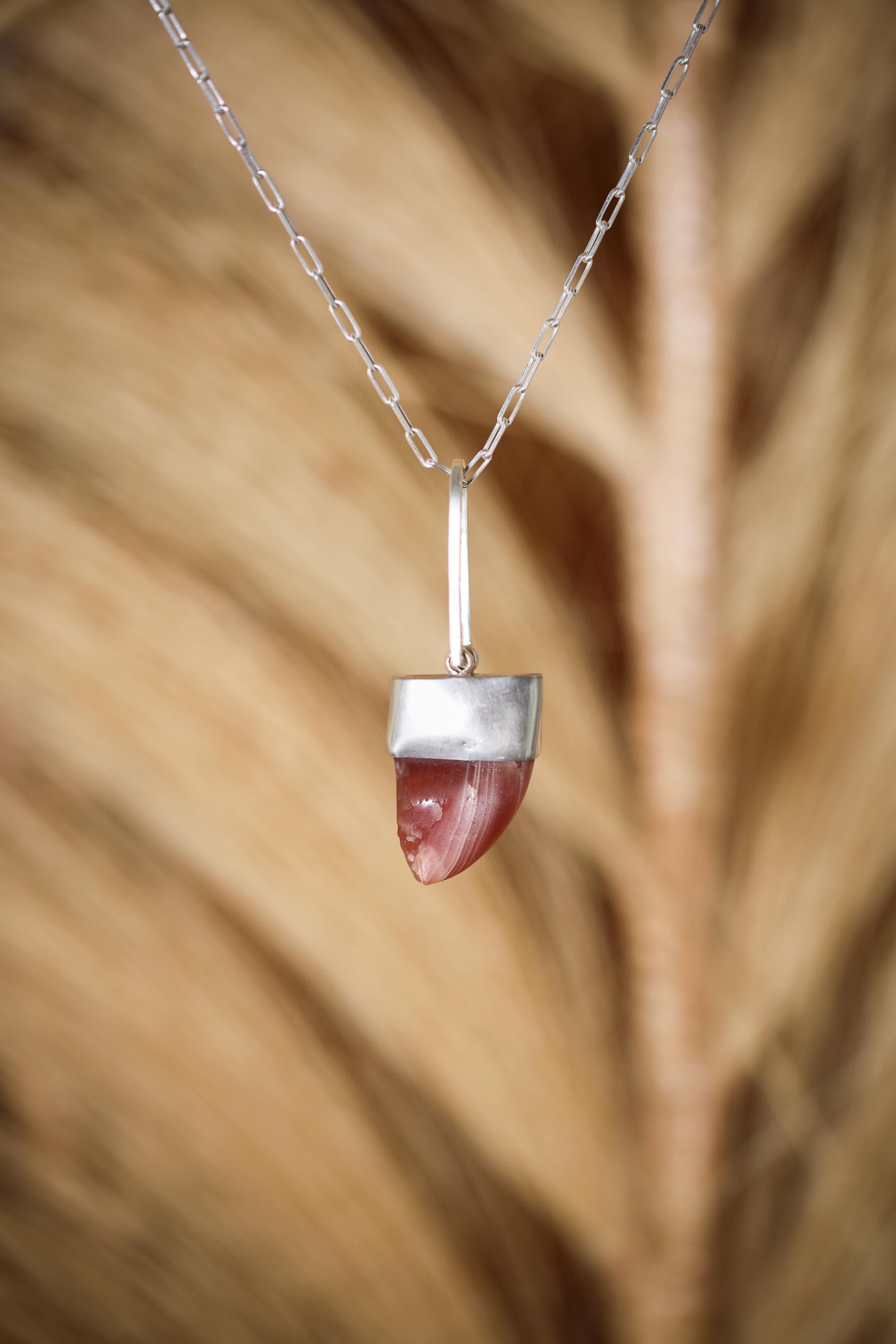 Tooth-shaped gemmy Hand-Polished Rhodochrosite Pendant with Fancy Oval Dark Star Sapphire Cabochon, Heart & Third Eye Chakra, Unique Gift
