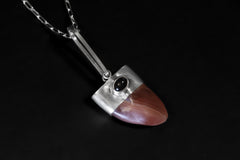 Tooth-shaped gemmy Hand-Polished Rhodochrosite Pendant with Fancy Oval Dark Star Sapphire Cabochon, Heart & Third Eye Chakra, Unique Gift
