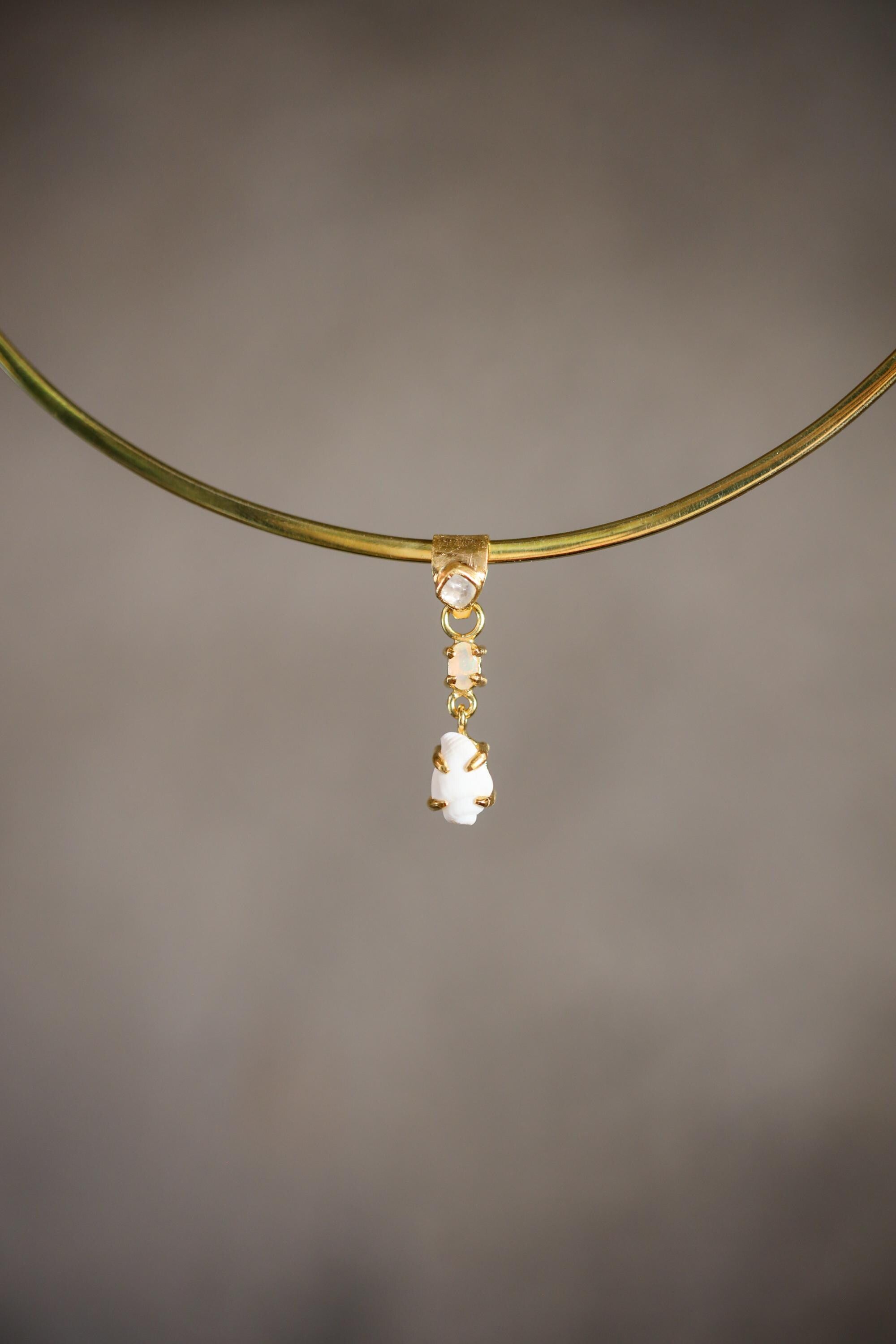 Crowned Square Blue Moonstone Pendant with Rainbow Ethiopian Opal & Semi-Fossilized Shell, 18K Gold-Plated Sterling Silver, Unique Gift