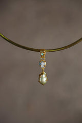 Small Solid Lightning Ridge Opal Pendant with Aqua Aura Quartz & Green Pearl, 18K Gold-Plated Sterling Silver, Pisces Zodiac, Unique Gift