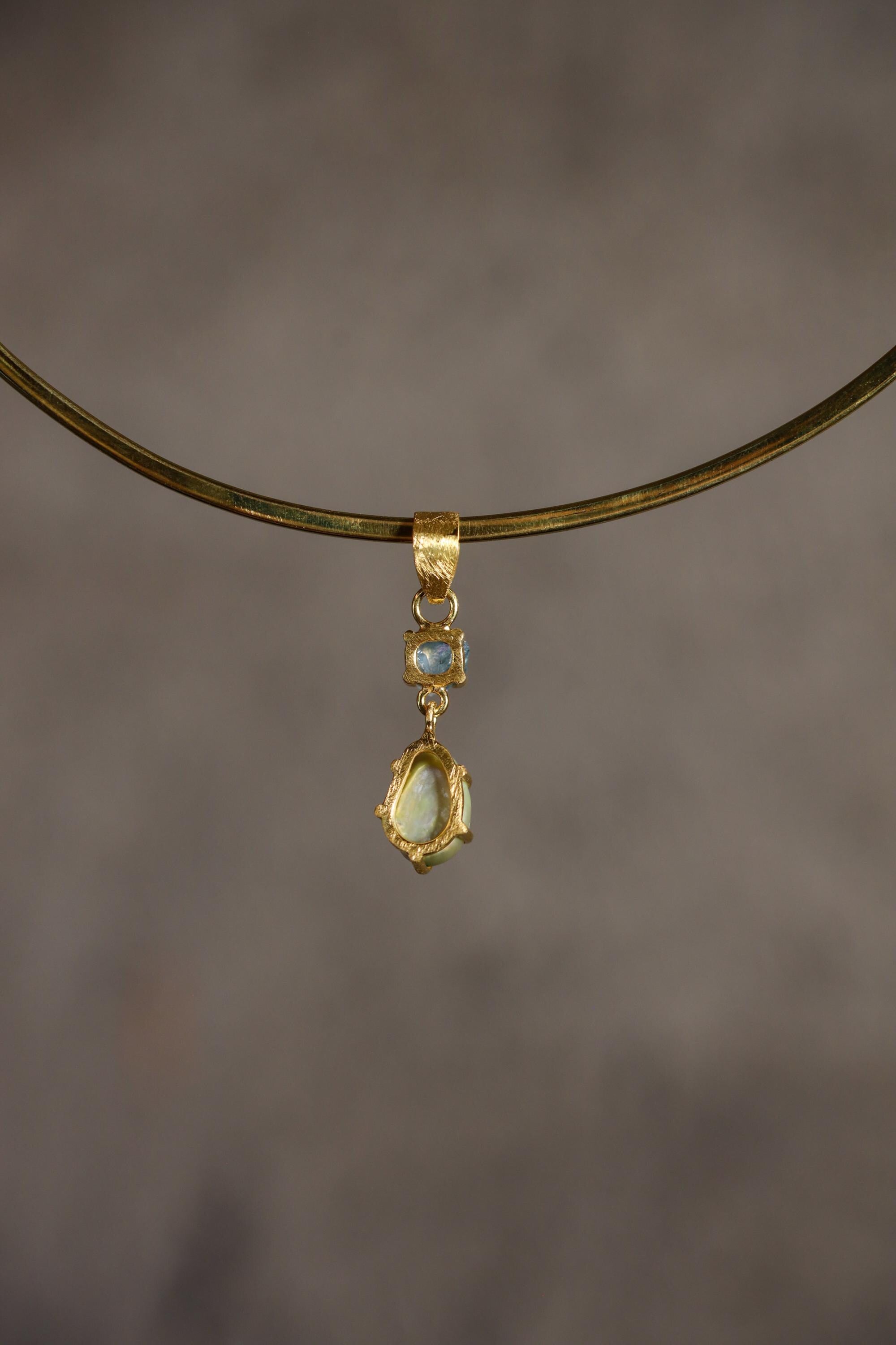 Small Solid Lightning Ridge Opal Pendant with Aqua Aura Quartz & Green Pearl, 18K Gold-Plated Sterling Silver, Pisces Zodiac, Unique Gift