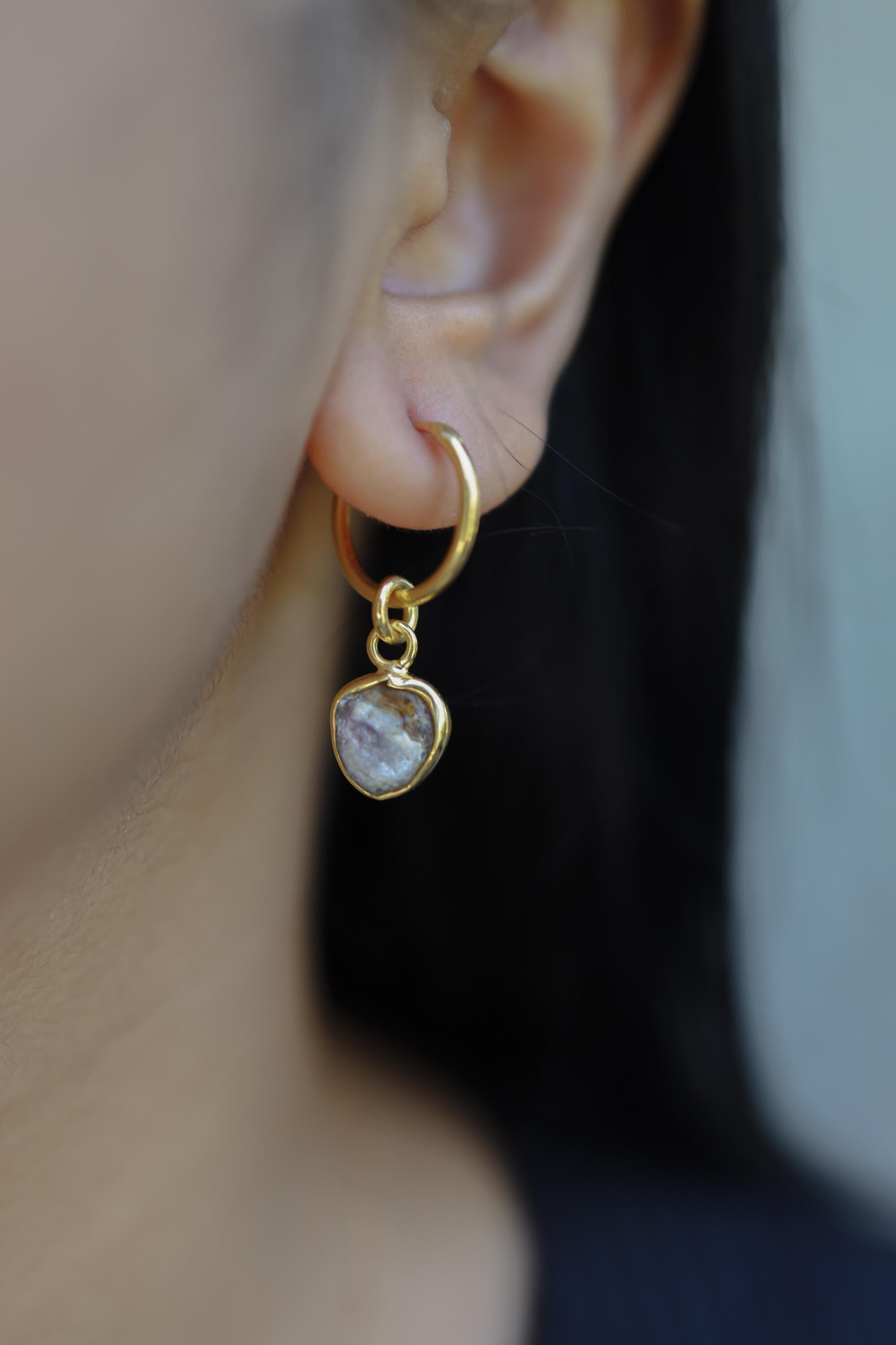 Single One Small Gem Slice of Watermelon Tourmaline, Gold Plated Sterling Silver, Dangle Hoop Crystal Earring - Healing, Chakra, Unique Gift