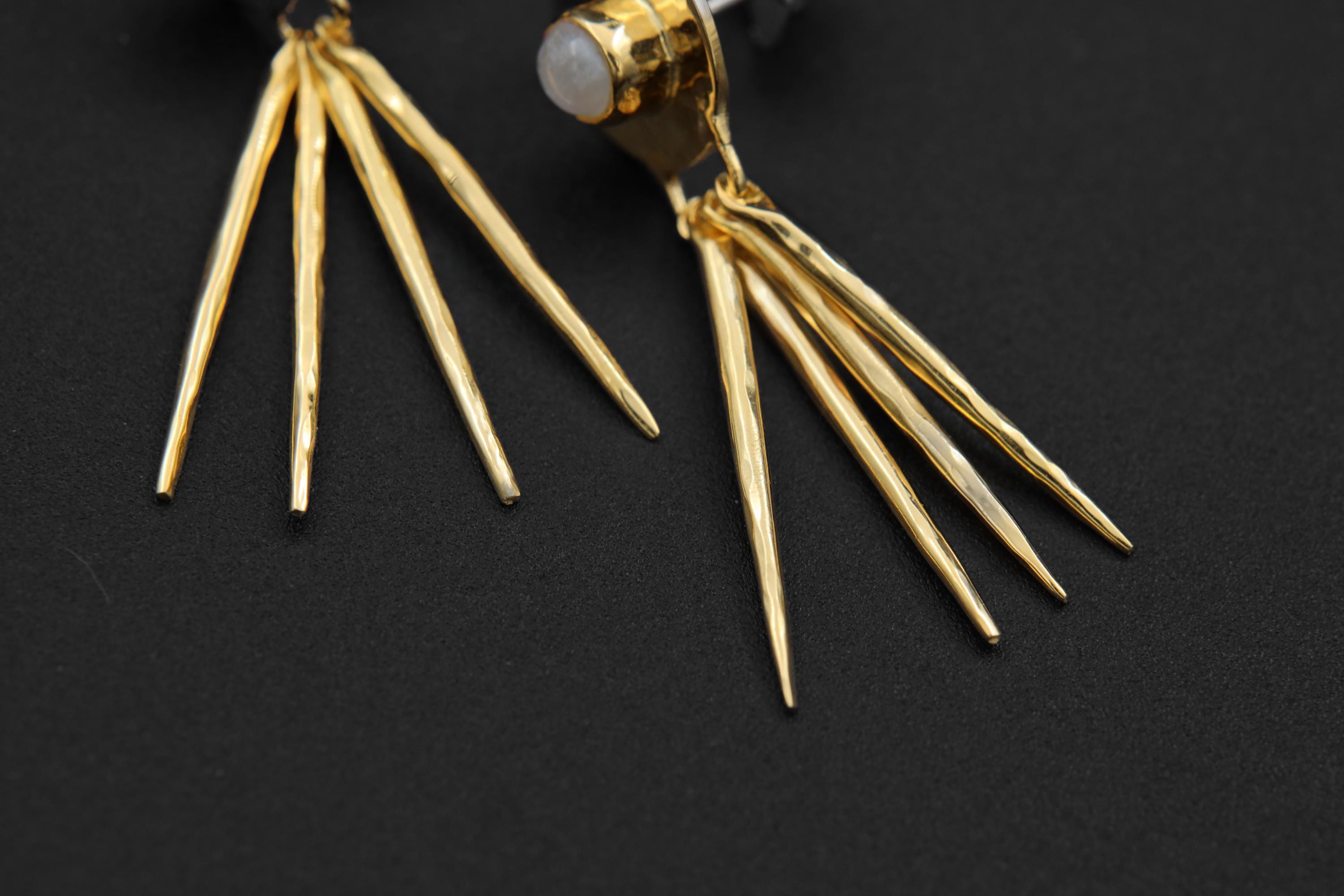 Petite Blue Moonstone Round in 925 Sterling Silver, Hammer Textured with Dangling Moon Ray Spikes, Earring Studs, Gold-Plated, Unique Gift