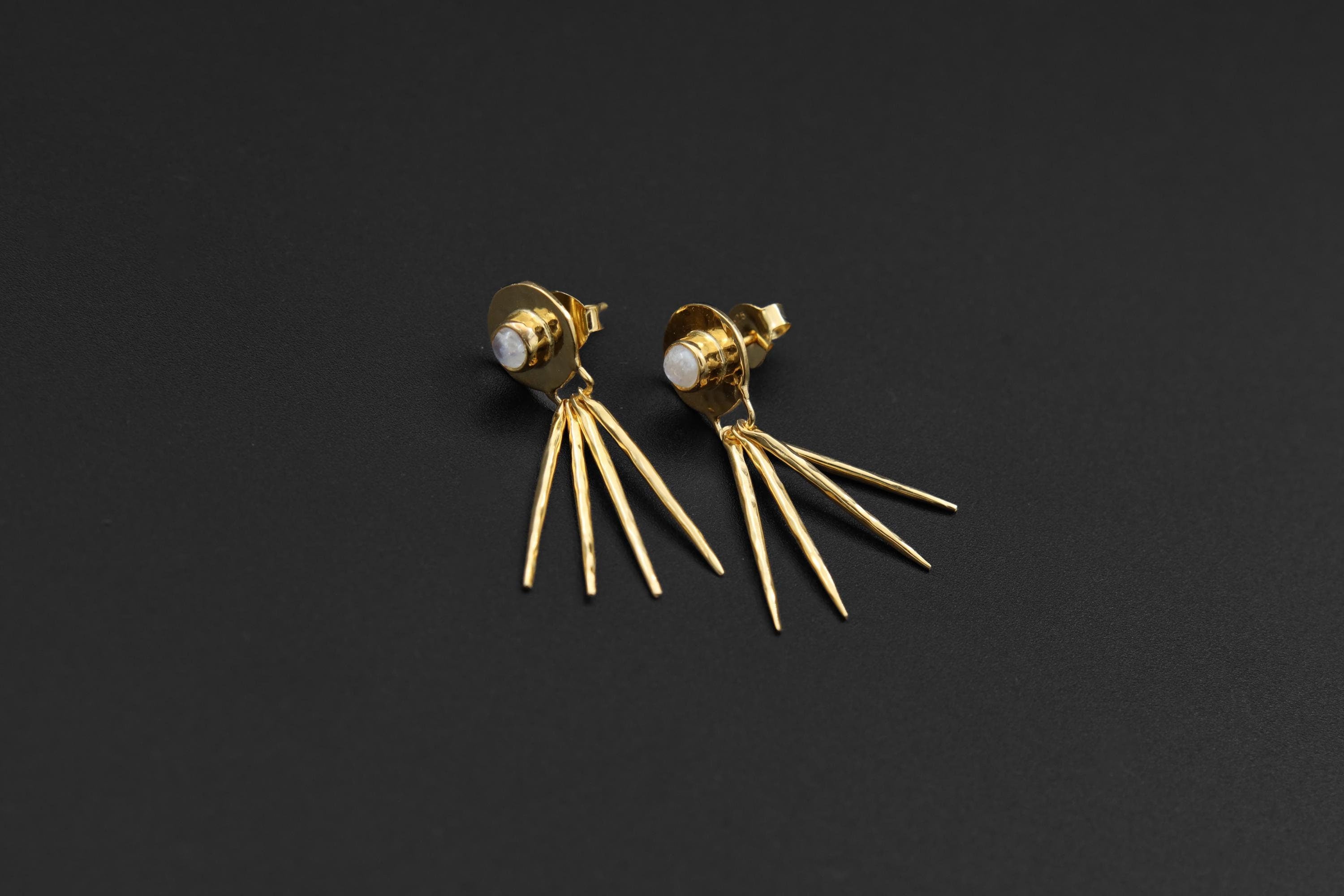 Petite Blue Moonstone Round in 925 Sterling Silver, Hammer Textured with Dangling Moon Ray Spikes, Earring Studs, Gold-Plated, Unique Gift