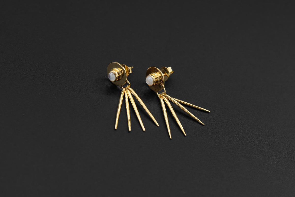 Blue Moonstone moon ray stud earrings in 925 sterling silver with gold-plated accents and dangling spike details.