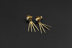 Blue Moonstone moon ray stud earrings in 925 sterling silver with gold-plated accents and dangling spike details.