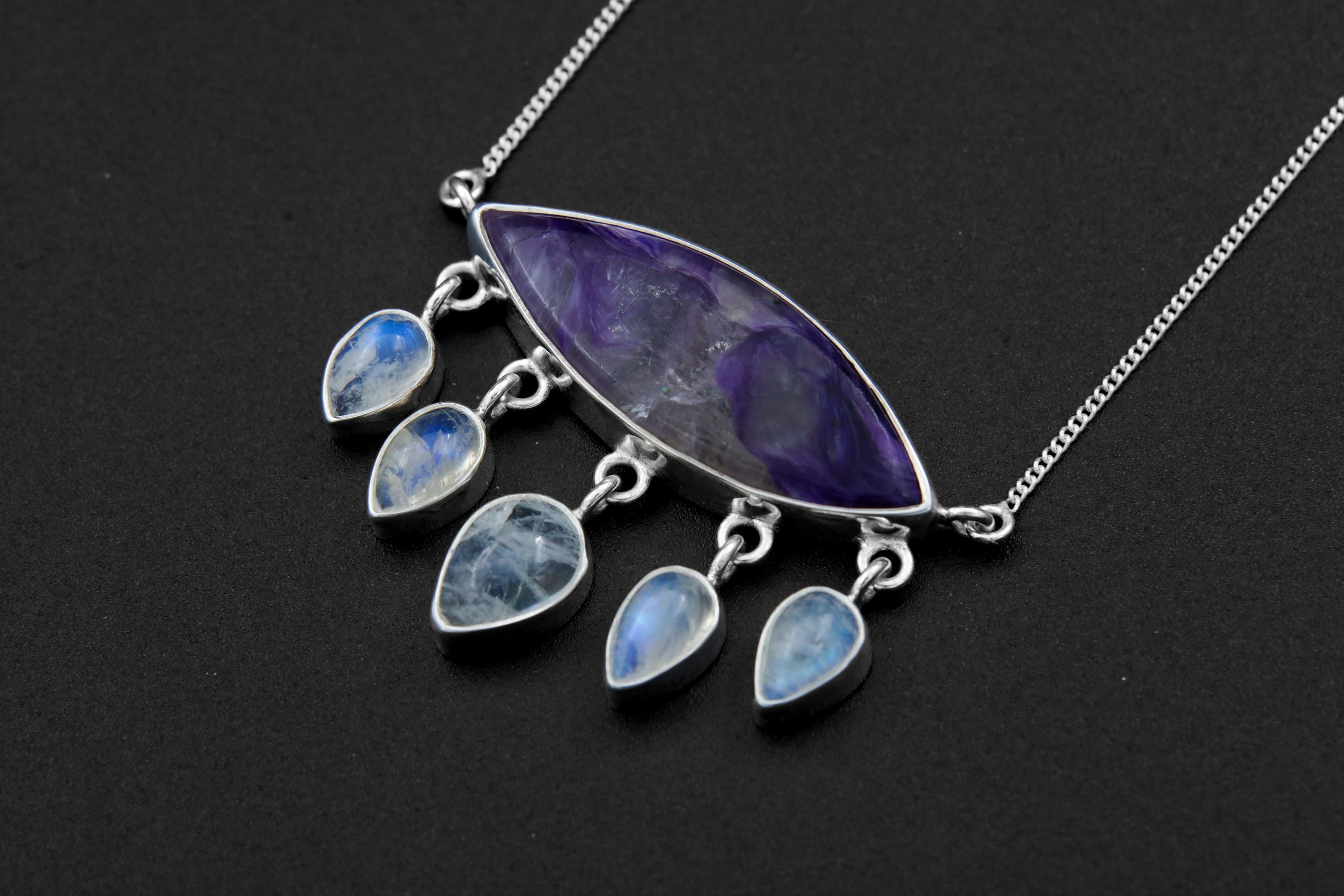 One-of-a-Kind Charoite & Moonstone Pendant, Crying Eye Design, High Shine Sterling Silver, Third Eye Chakra, Scorpio Zodiac, Unique Gift