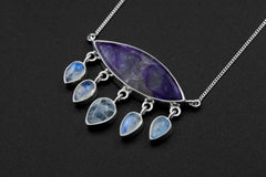 Charoite Moonstone Necklace 925 Sterling Silver Eye Pendant Blue Moonstone Dangles Crown Third Eye Chakra Gift