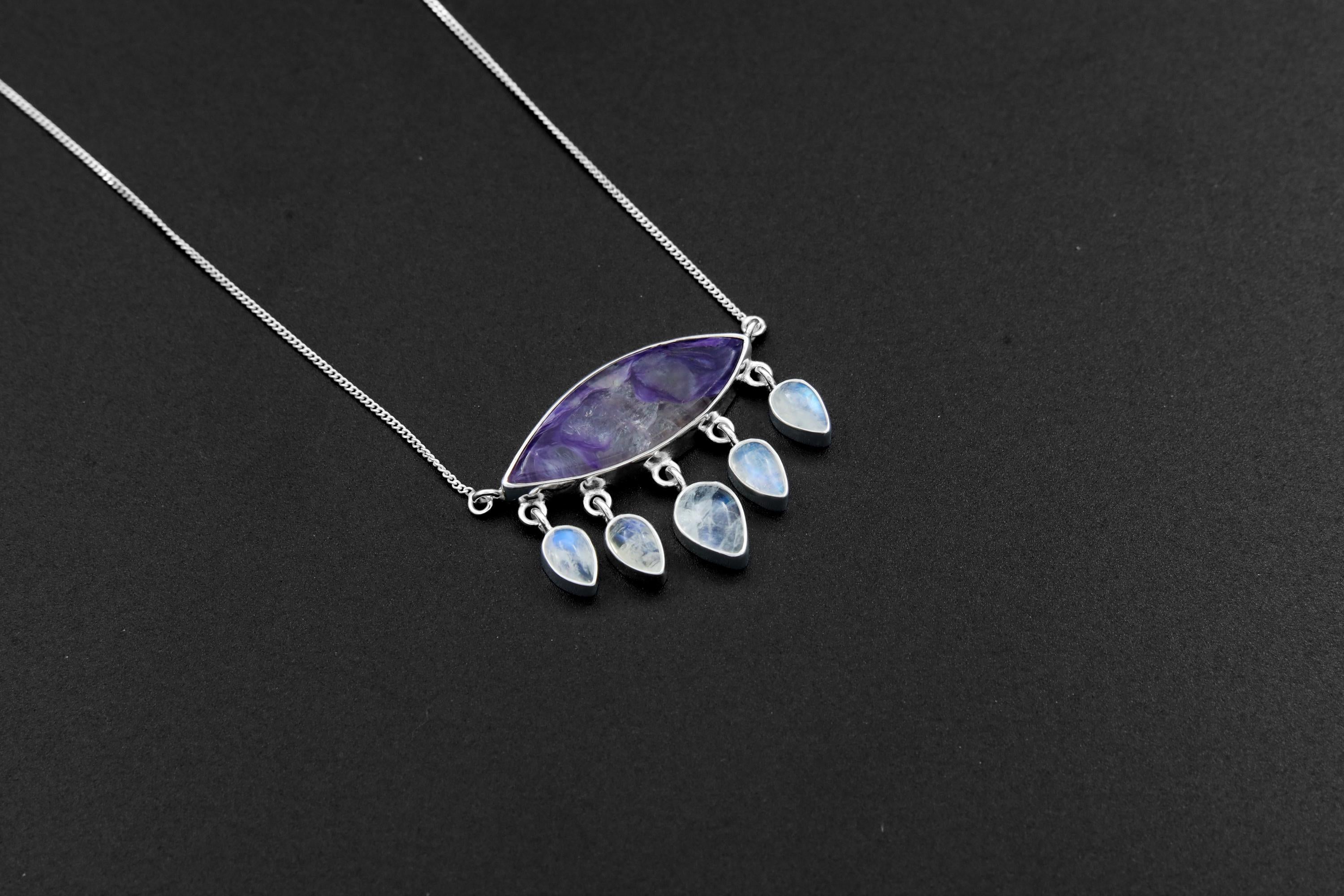 One-of-a-Kind Charoite & Moonstone Pendant, Crying Eye Design, High Shine Sterling Silver, Third Eye Chakra, Scorpio Zodiac, Unique Gift