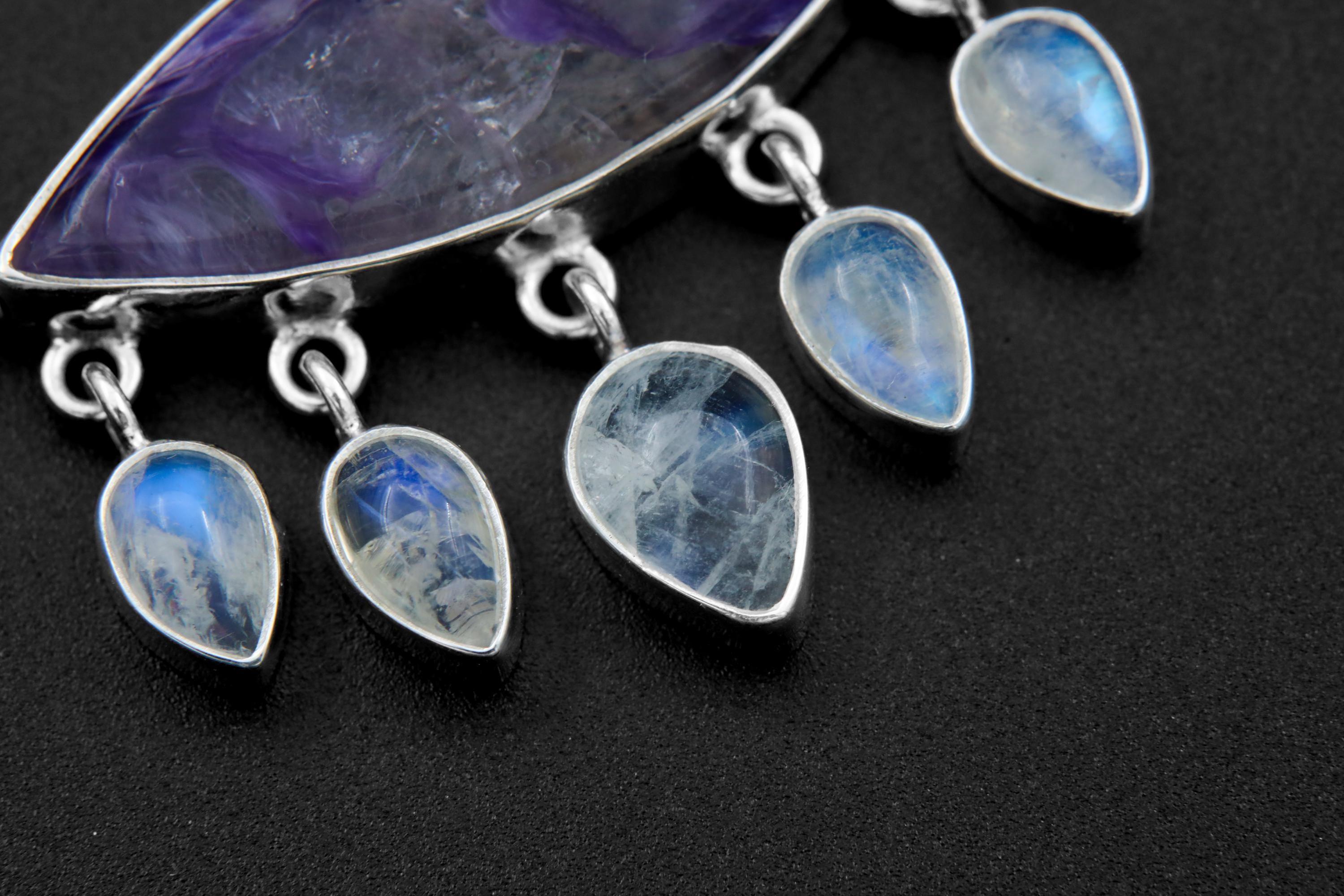 One-of-a-Kind Charoite & Moonstone Pendant, Crying Eye Design, High Shine Sterling Silver, Third Eye Chakra, Scorpio Zodiac, Unique Gift
