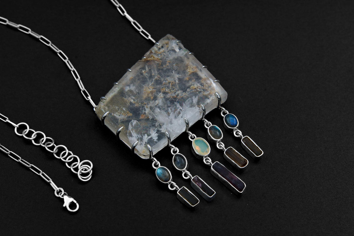 Multicrystal Inclusion Quartz, Tourmaline Pendant Necklace with Labradorite, Ethiopian Opal Sterling Silver Manifestation & Joy Heart Chakra