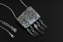 Rainbow Inclusion Quartz statement necklace in 925 sterling silver with Labradorite, Tourmaline, Ethiopian Opal, and crystal dangles.