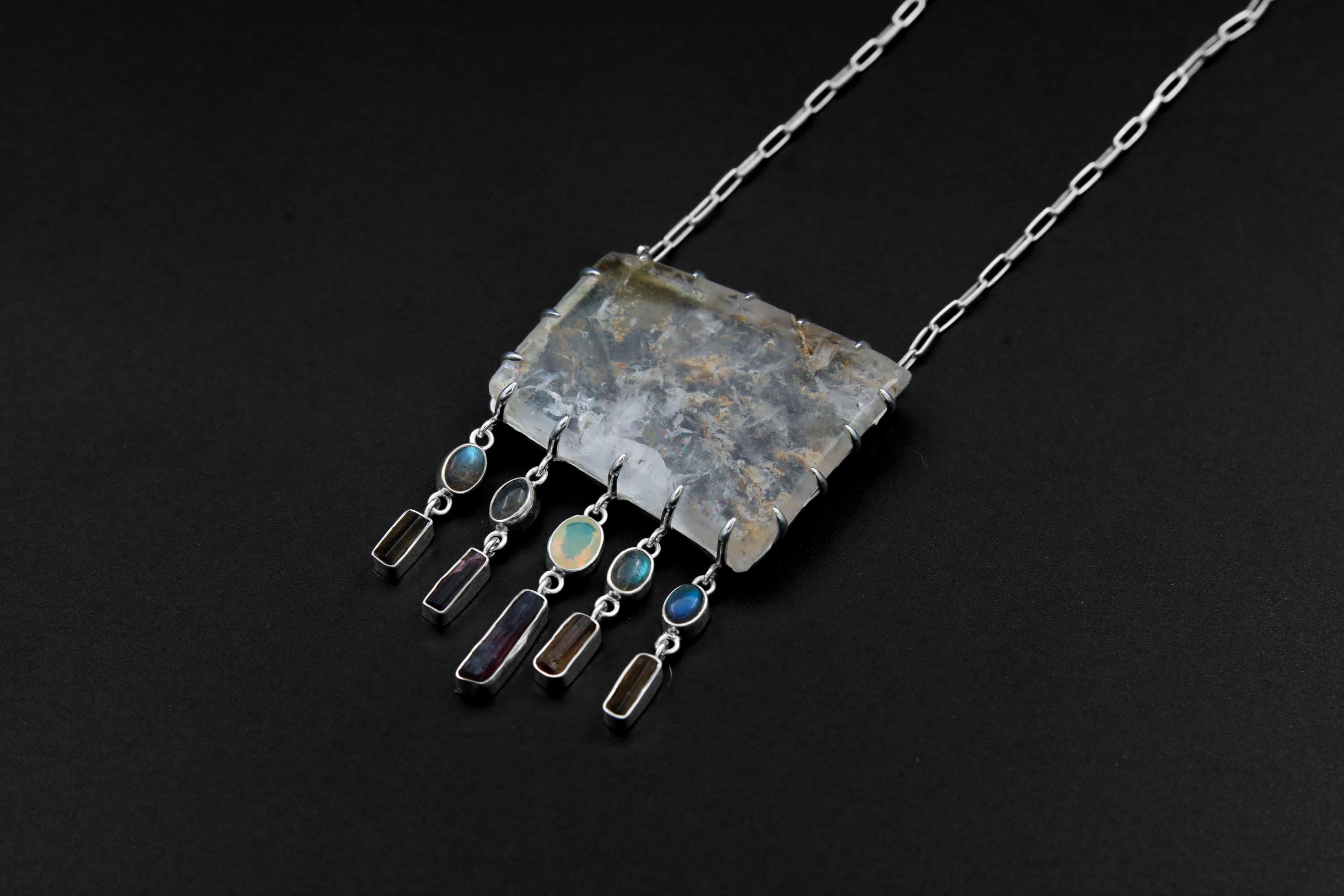 Multicrystal Inclusion Quartz, Tourmaline Pendant Necklace with Labradorite, Ethiopian Opal Sterling Silver Manifestation & Joy Heart Chakra